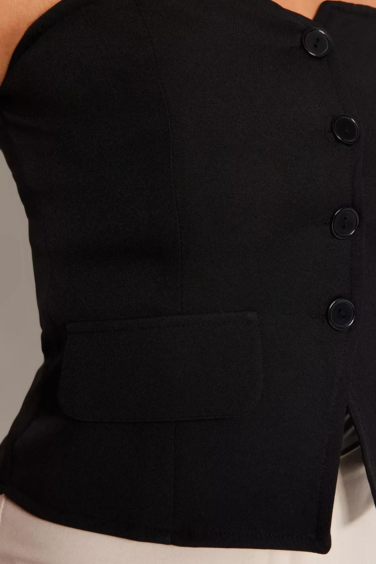 Black Slim Fit Strapless Woven Vest, BLACK, large image number 5