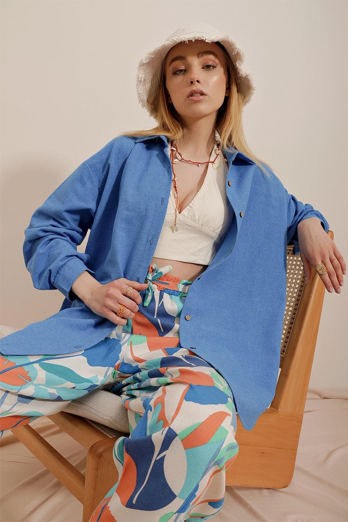 Blue Oversized Linen Shirt, , large image number 1