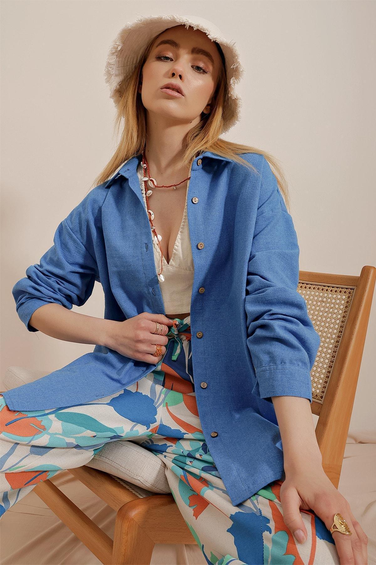 Blue Oversized Linen Shirt, , large image number 2