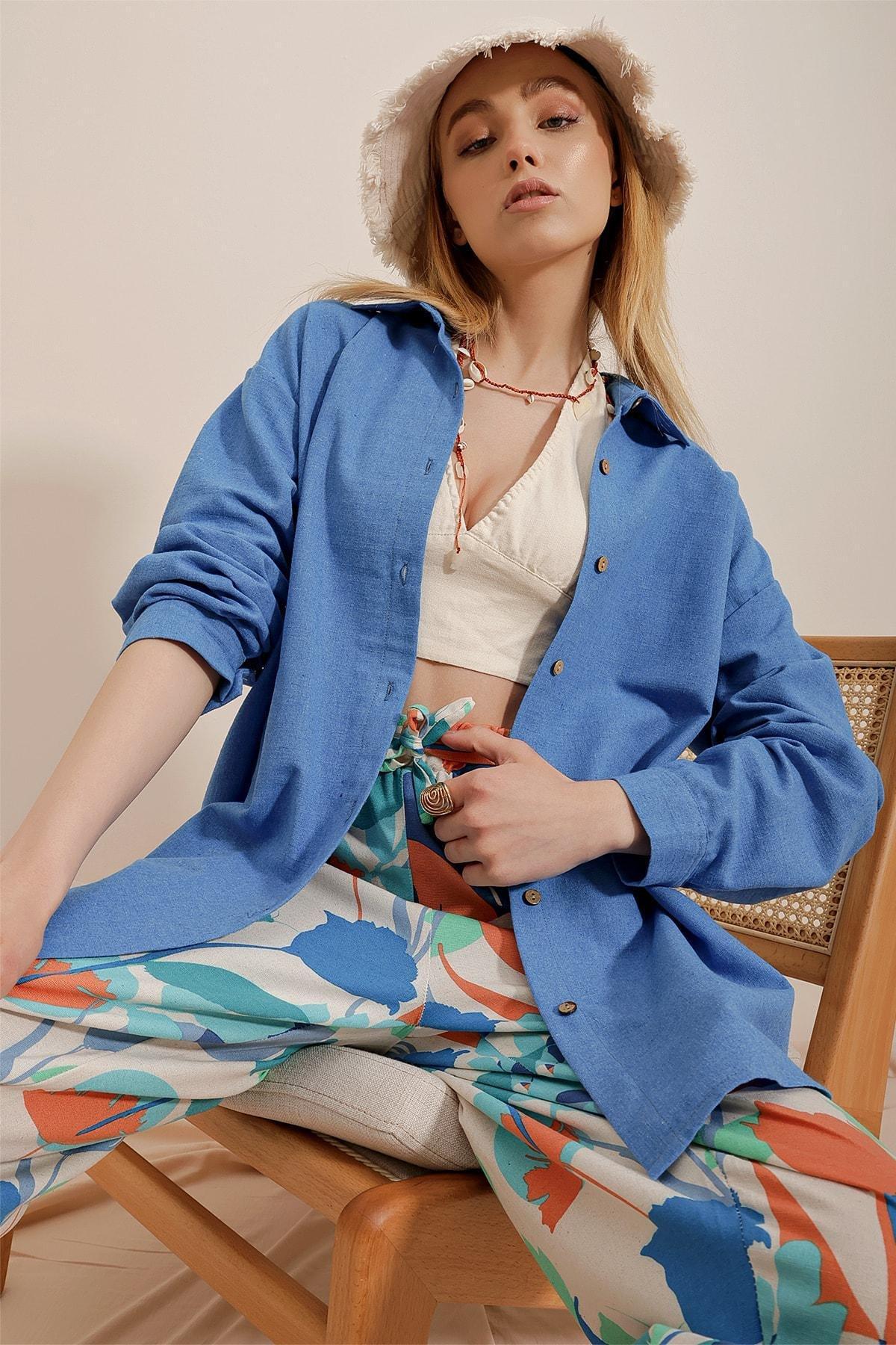Blue Oversized Linen Shirt, , large image number 3