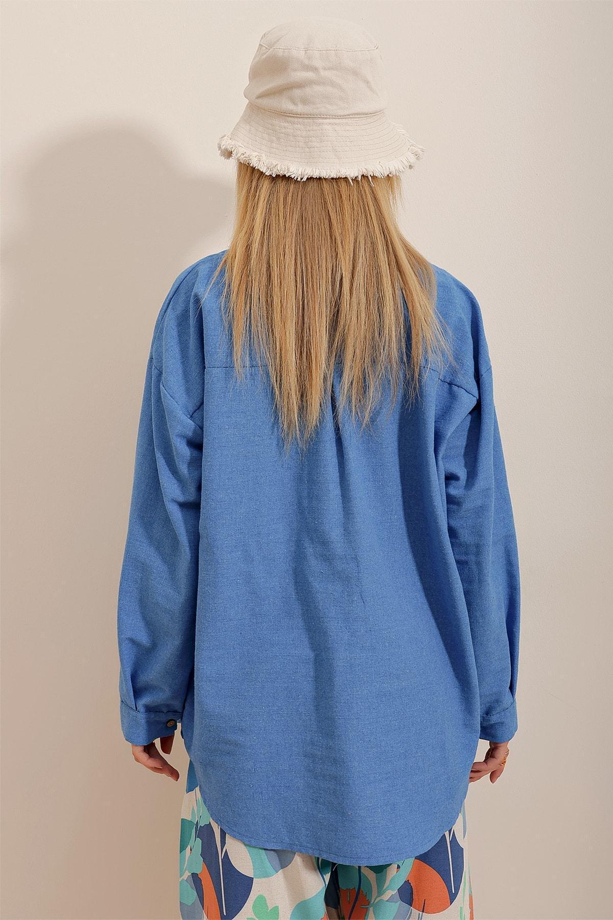 Blue Oversized Linen Shirt, , large image number 4