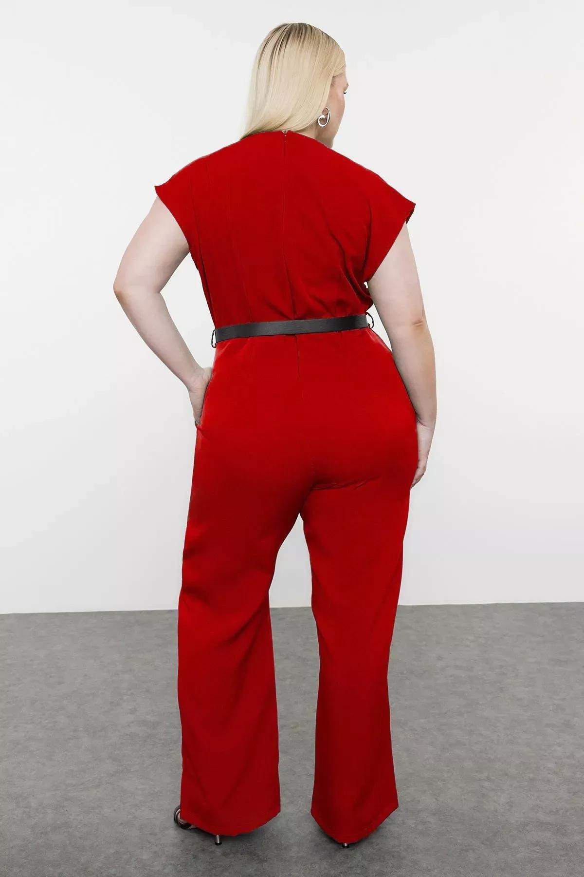 Red Belted Plus-Size Jumpsuit, , large image number 2