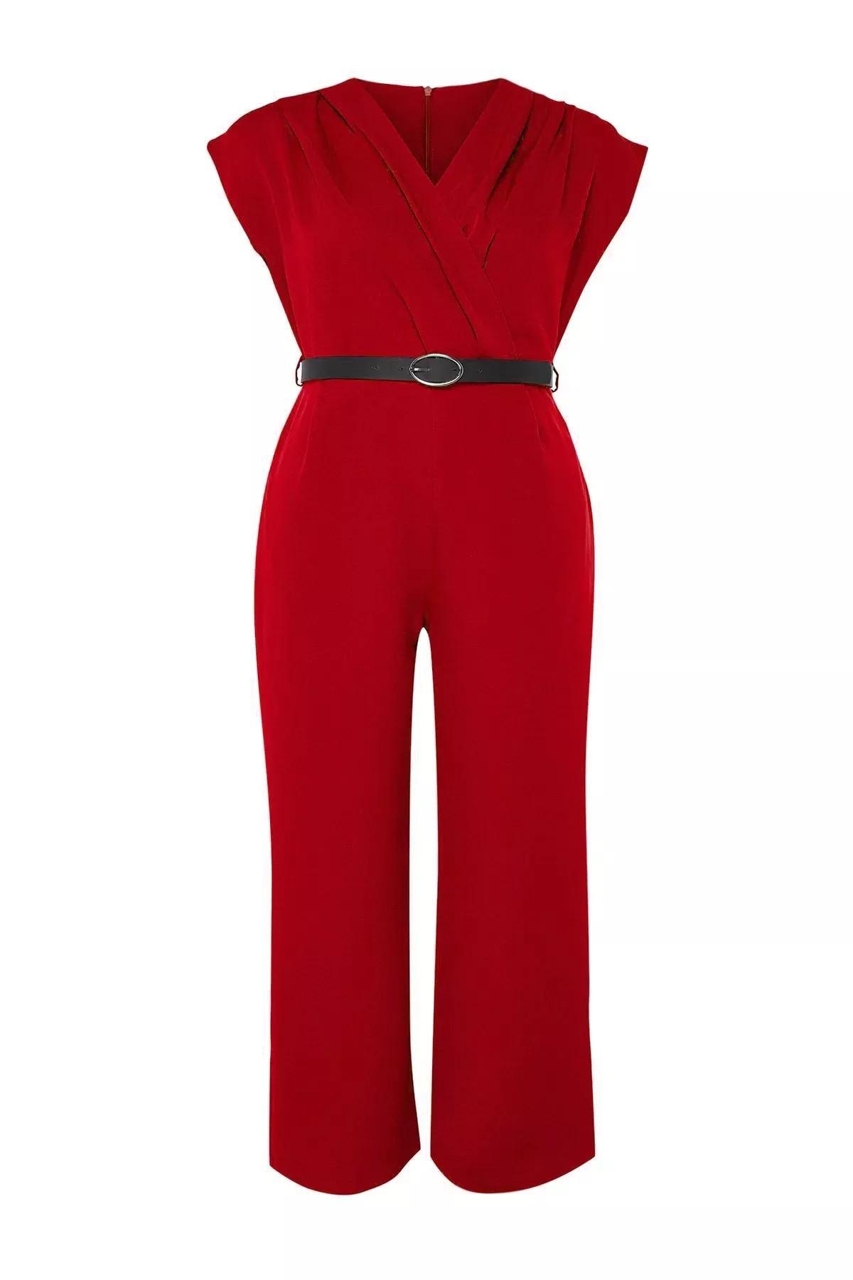 Red Belted Plus-Size Jumpsuit, Red, large image number 3