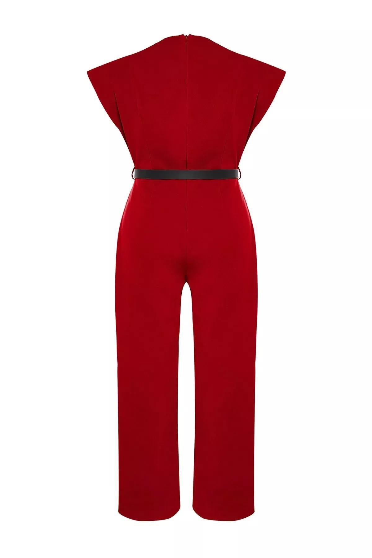 Red Belted Plus-Size Jumpsuit, , large image number 4