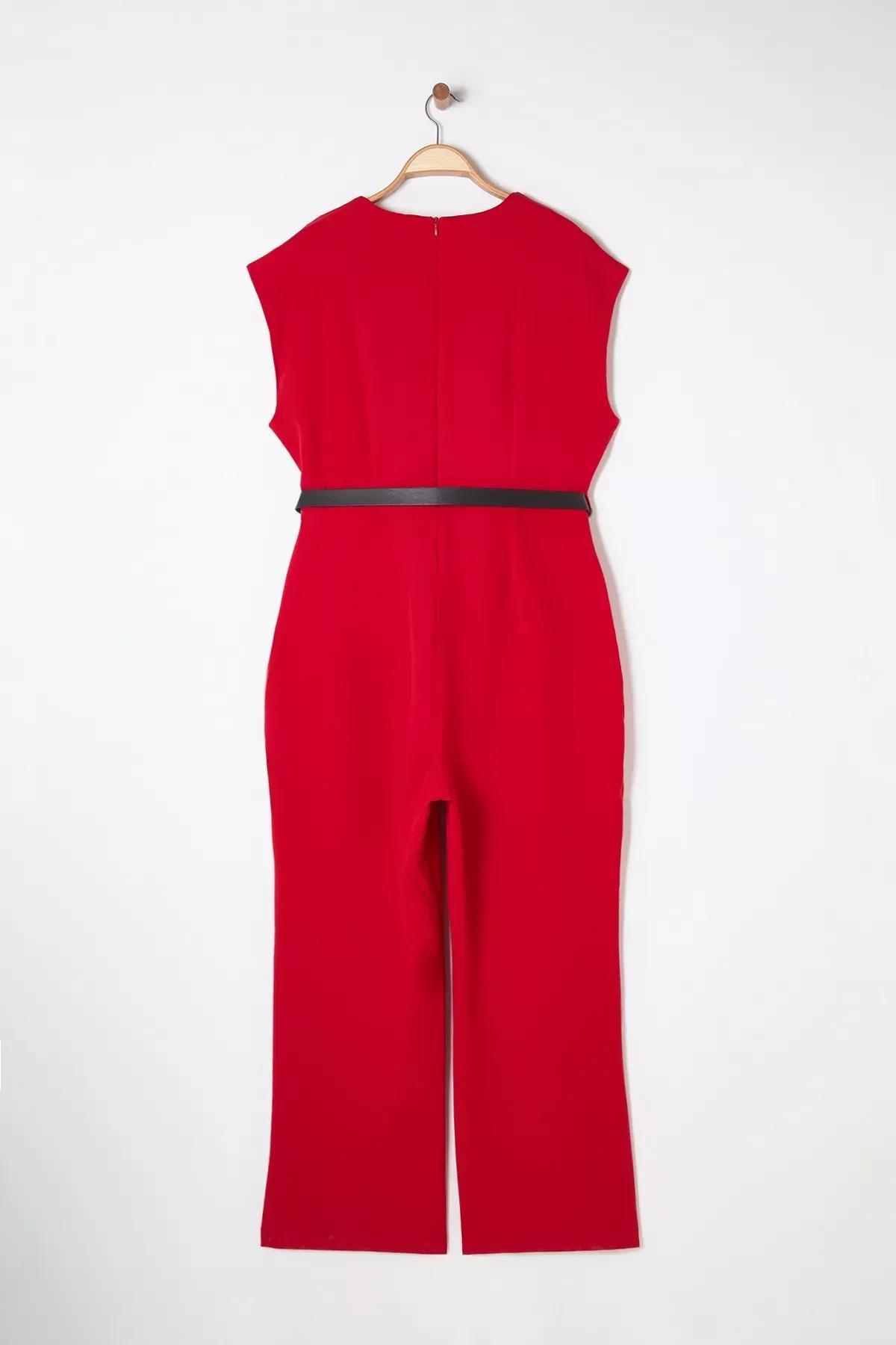 Red Belted Plus-Size Jumpsuit, , large image number 7