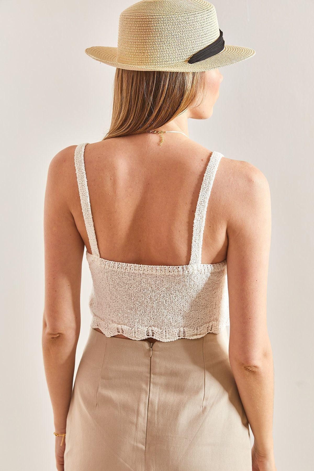 Beige Strapless Openwork Knitted Blouse, STONE, large image number 1