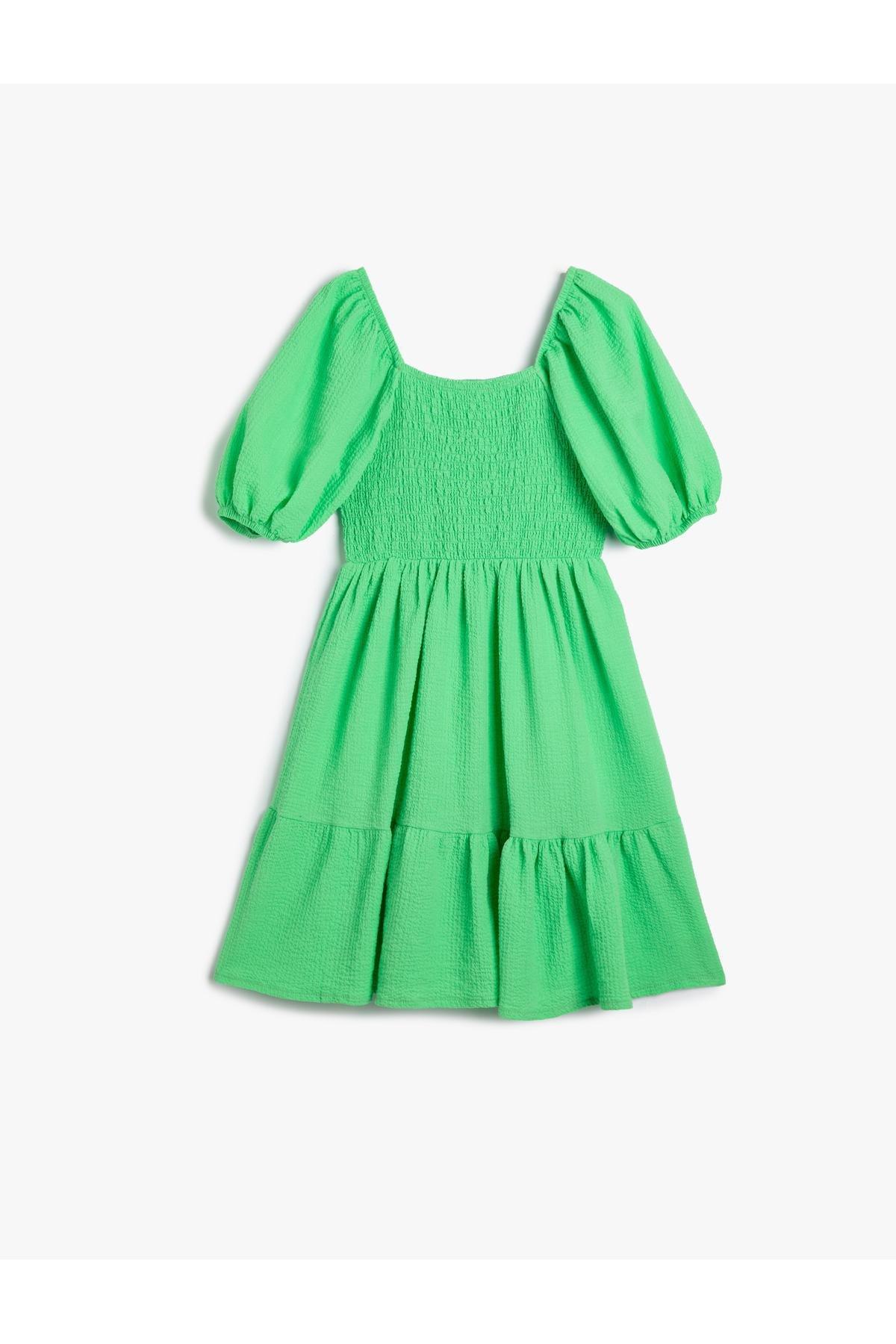 Koton - Green Square Neck Balloon Sleeve Dress