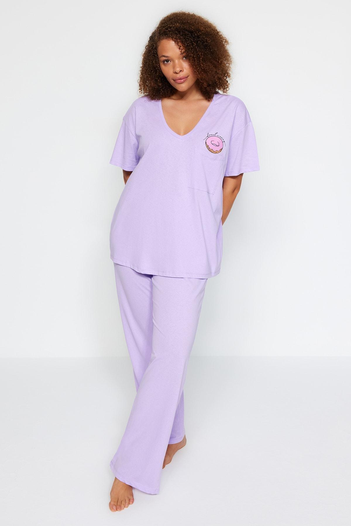 Trendyol - Purple Embroidery Plus Size Pyjama Set