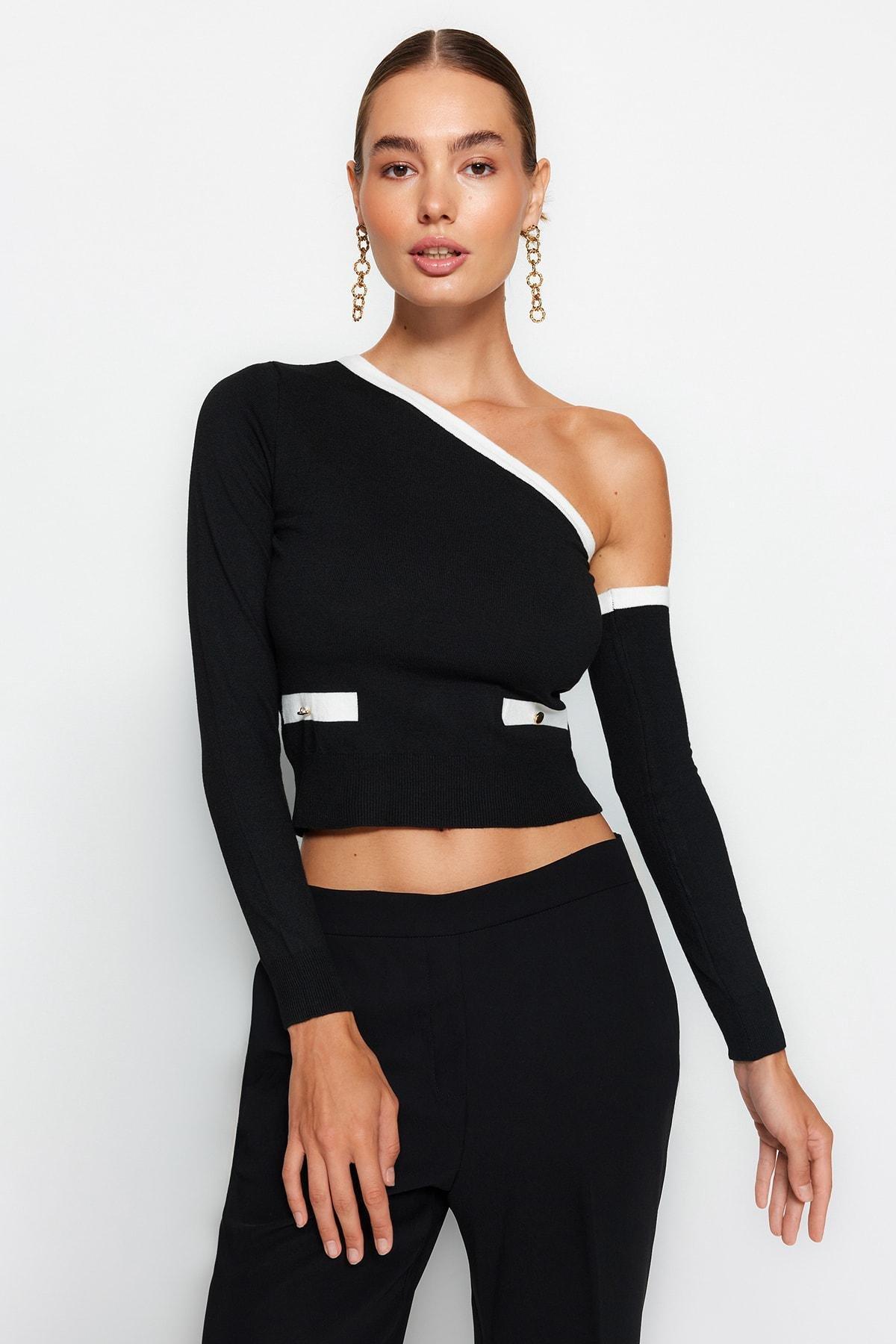 Black One-Shoulder Knitted Sweater, , medium