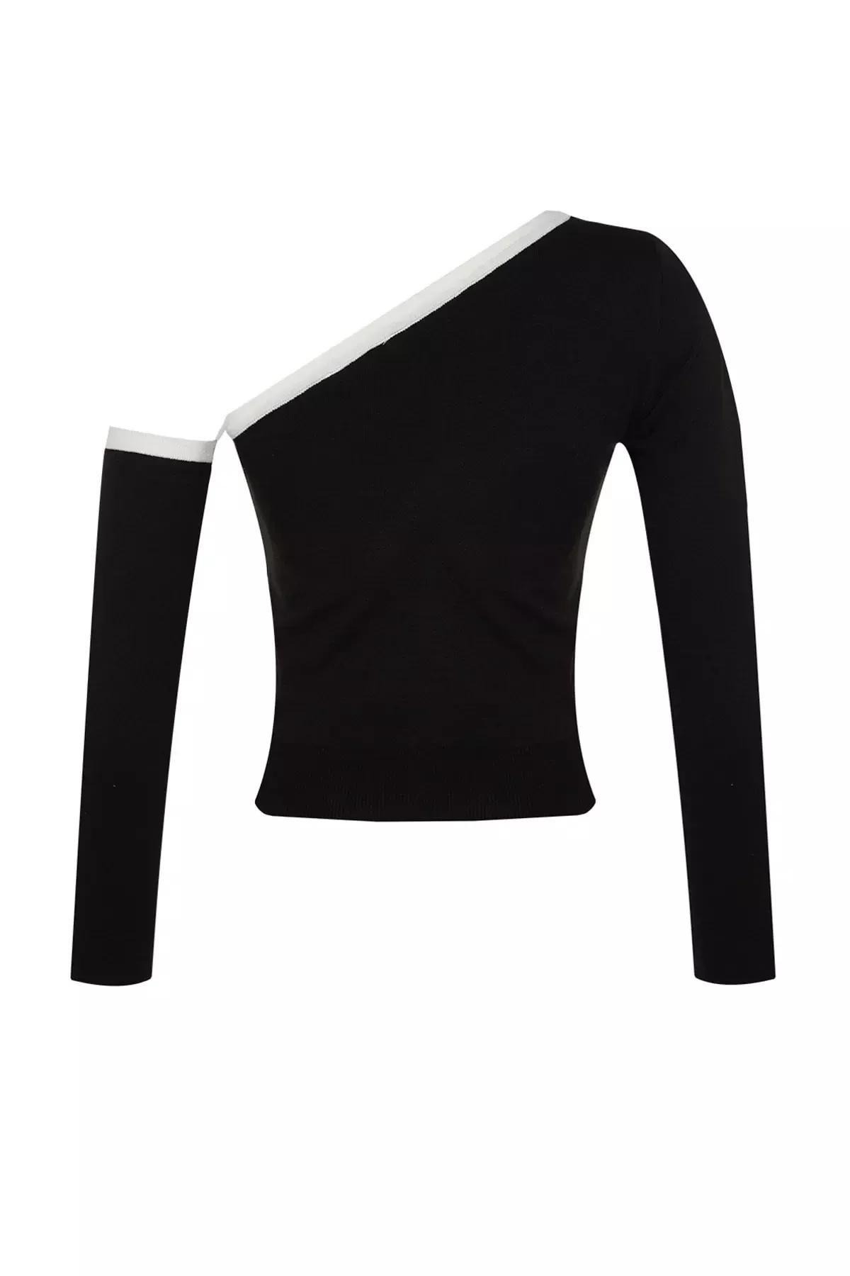 Black One-Shoulder Knitted Sweater, BLACK, large image number 6