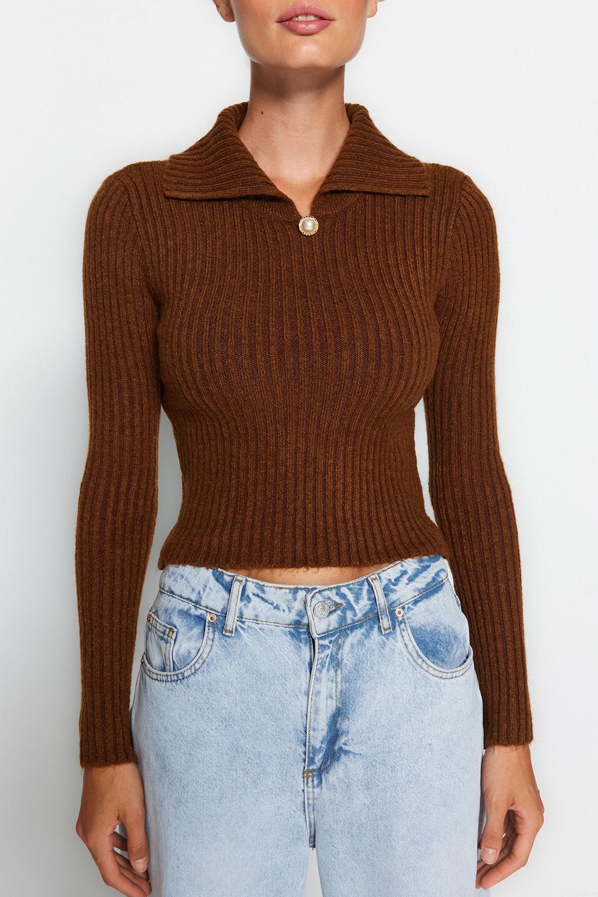 Trendyol - Brown Crop Polo Neck Knitwear Sweater