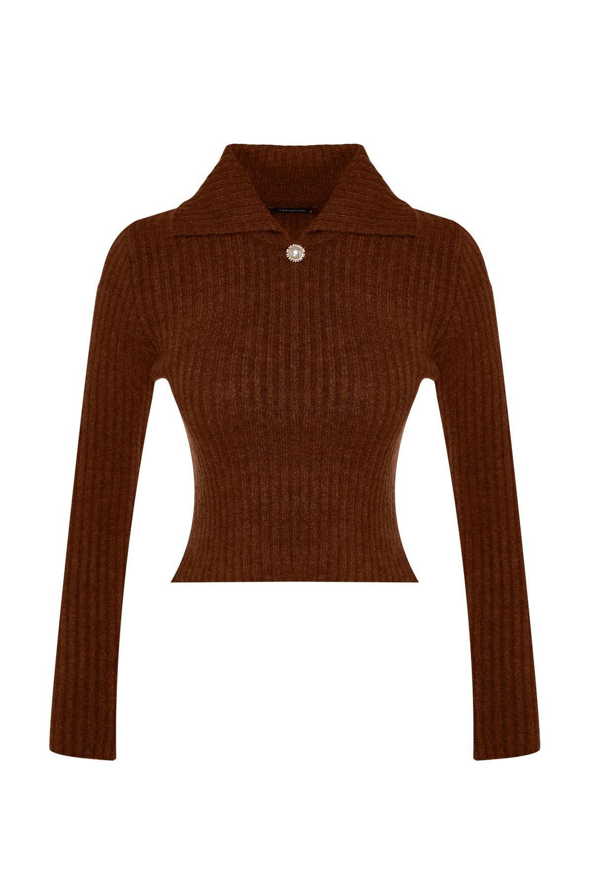 Trendyol - Brown Crop Polo Neck Knitwear Sweater