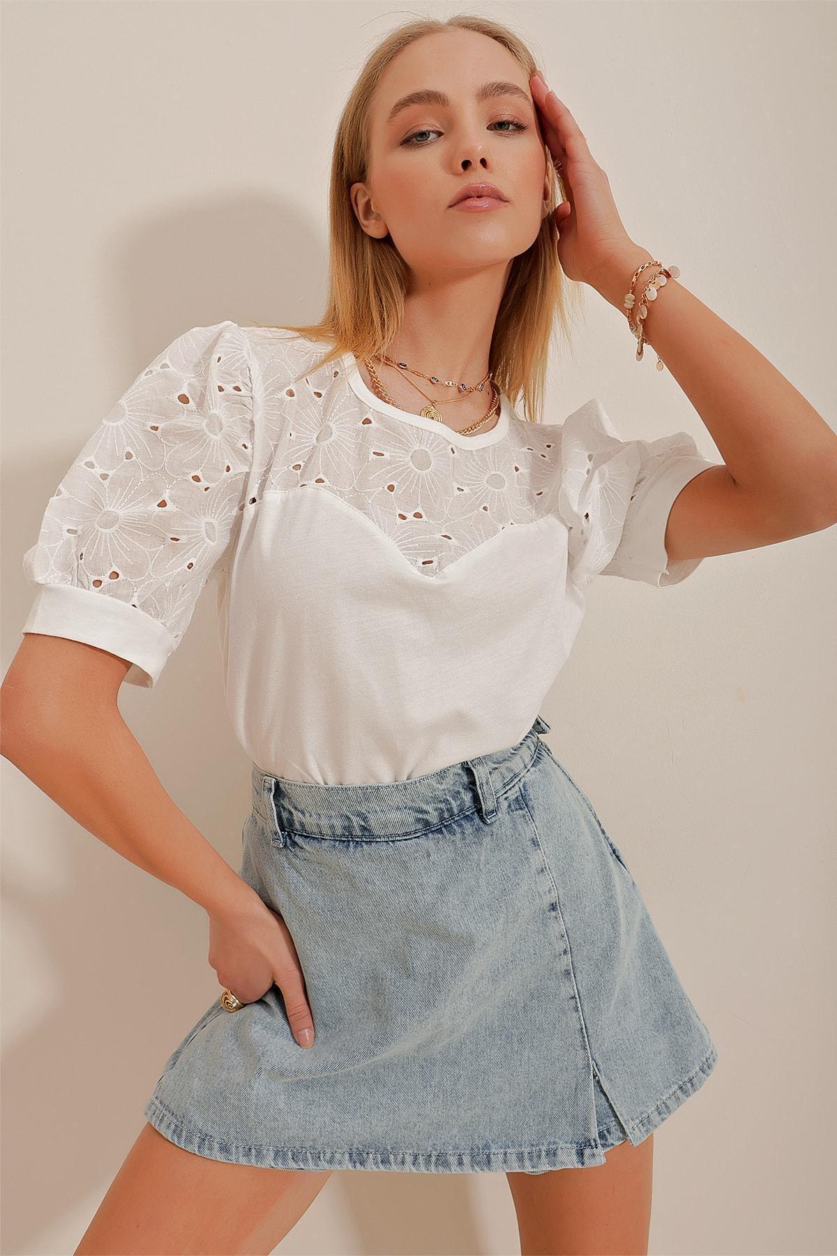 White Crew Neck Blouse, White, large image number 0