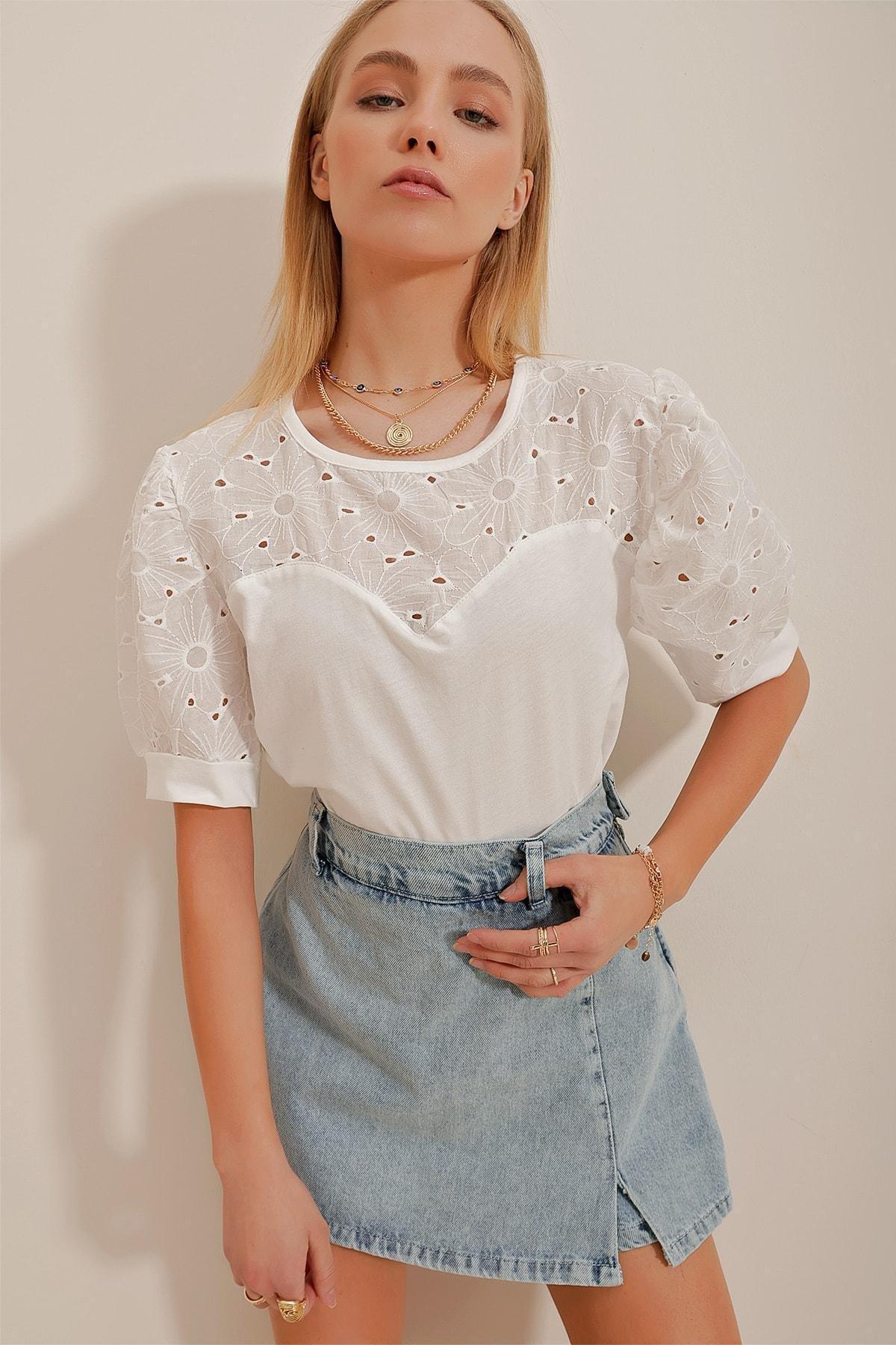 White Crew Neck Blouse, White, large image number 1