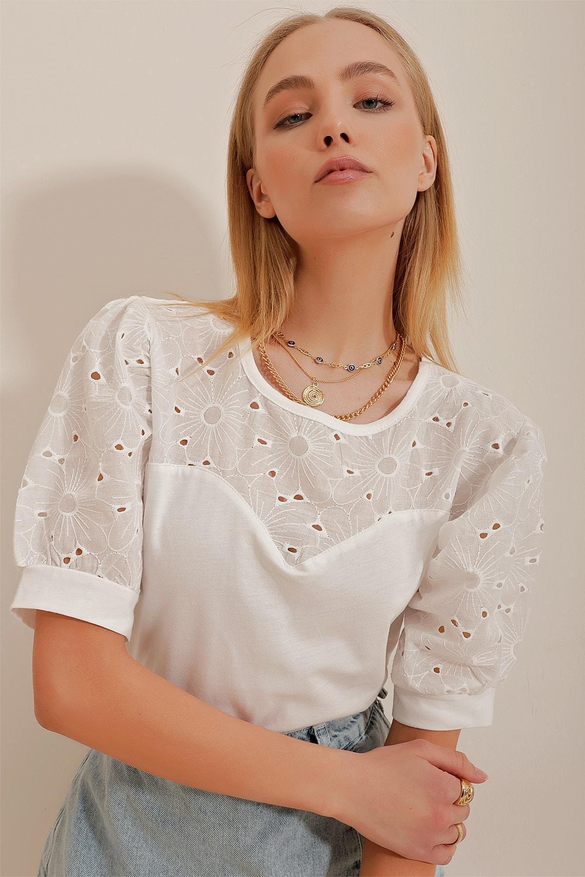White Crew Neck Blouse, White, large image number 2