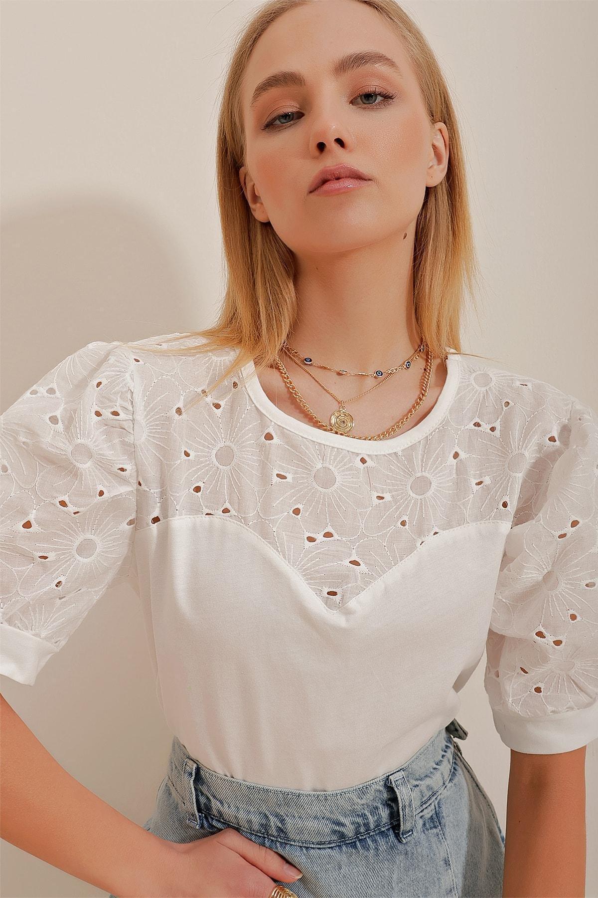 White Crew Neck Blouse, White, large image number 3