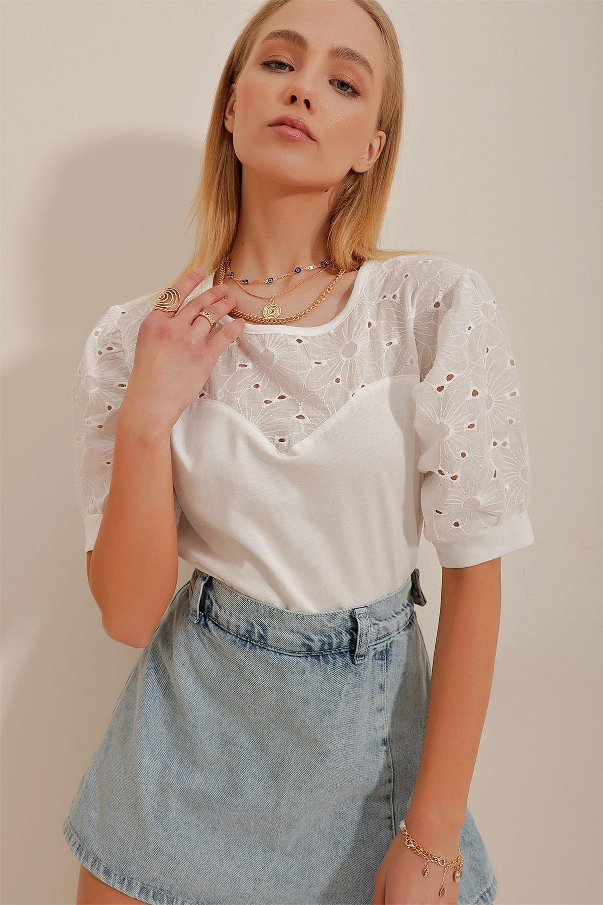 White Crew Neck Blouse, White, large image number 4