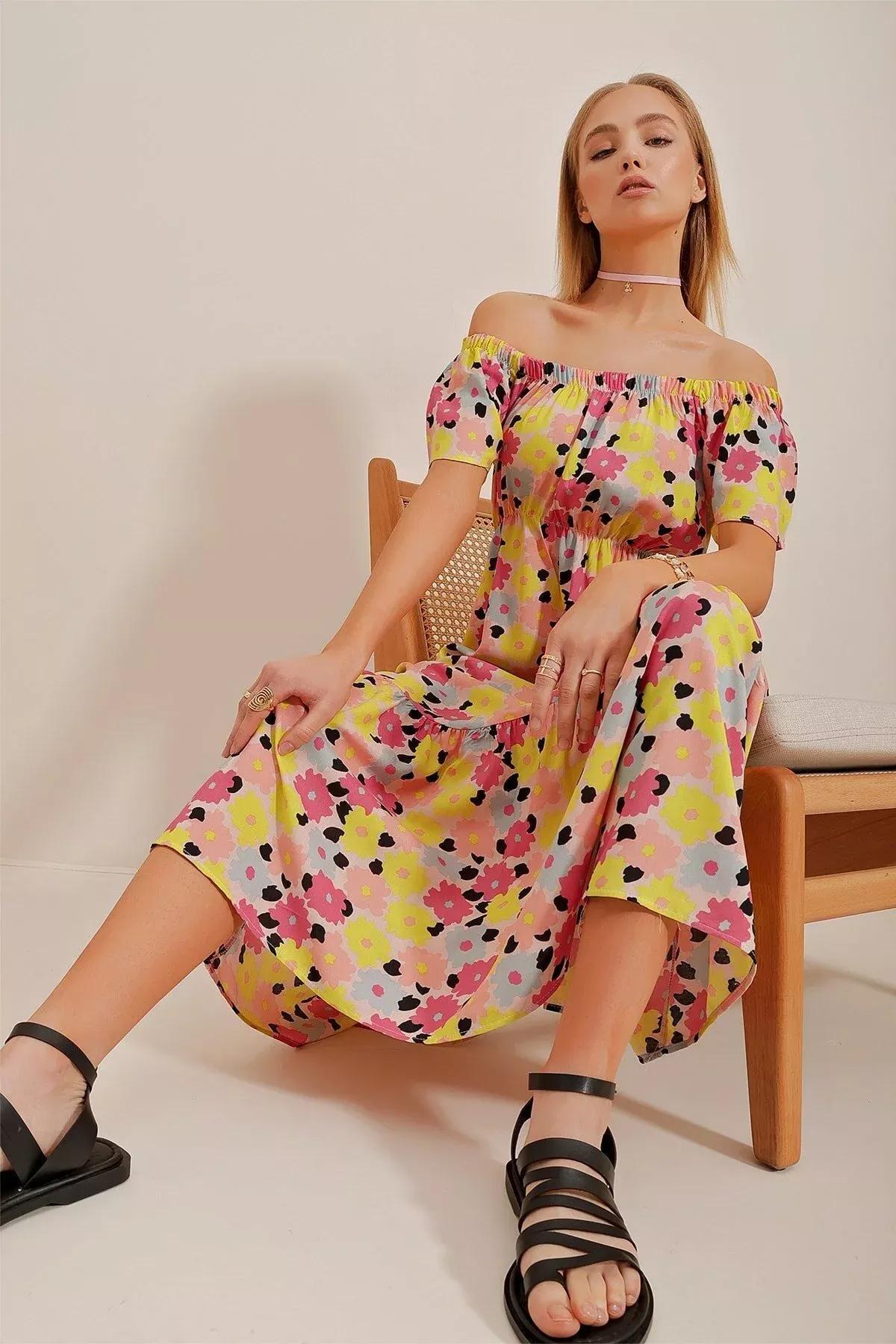 Multicolour A-Line Dress, Yellow Fuchsia, large image number 0