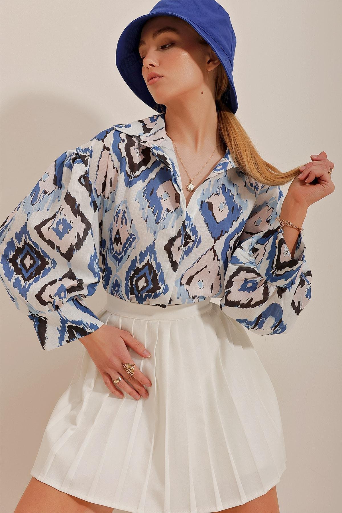 Alacati - Blue Princess Ethnic Patterned Flamed Shirt