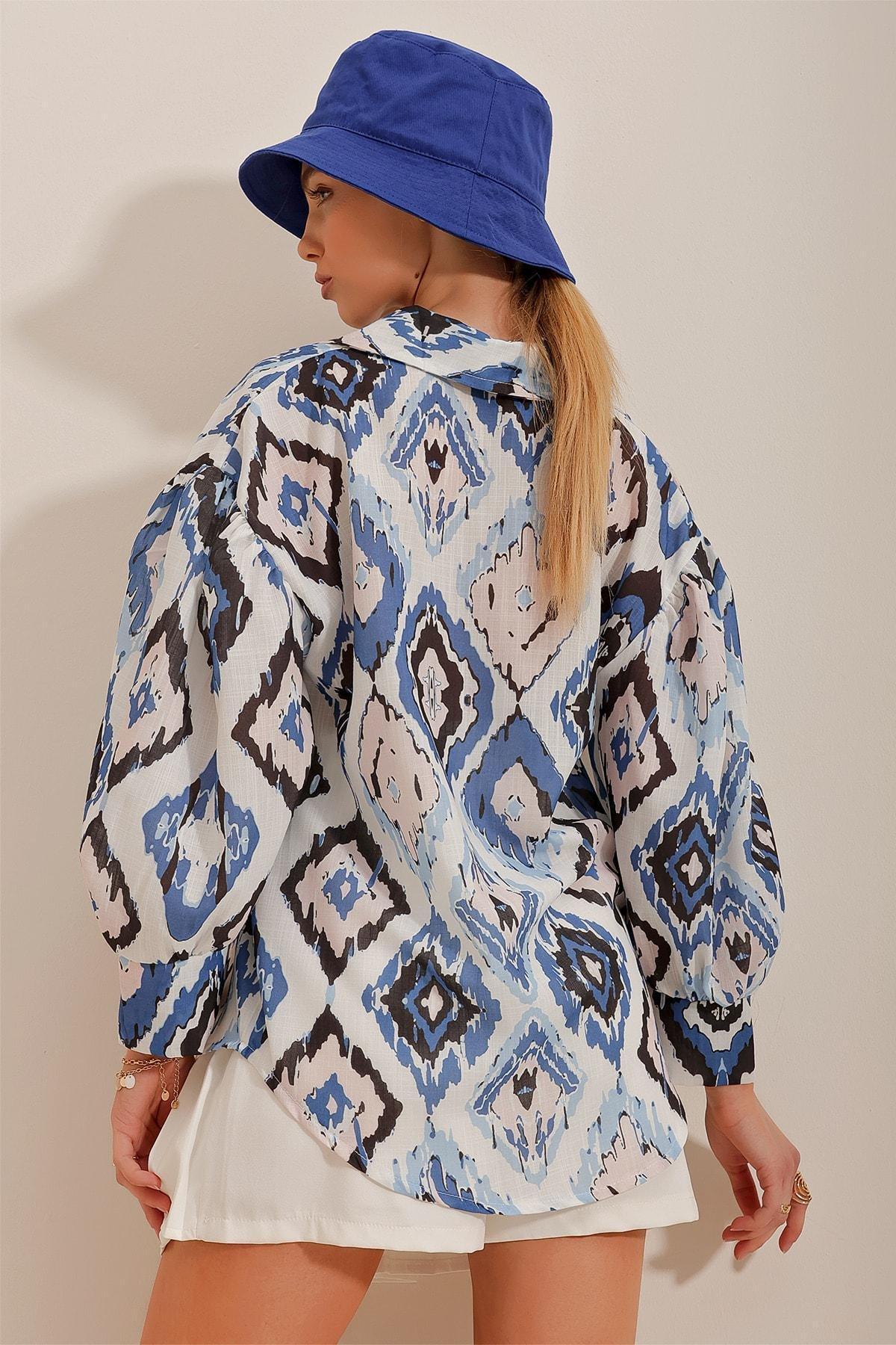 Alacati - Blue Princess Ethnic Patterned Flamed Shirt