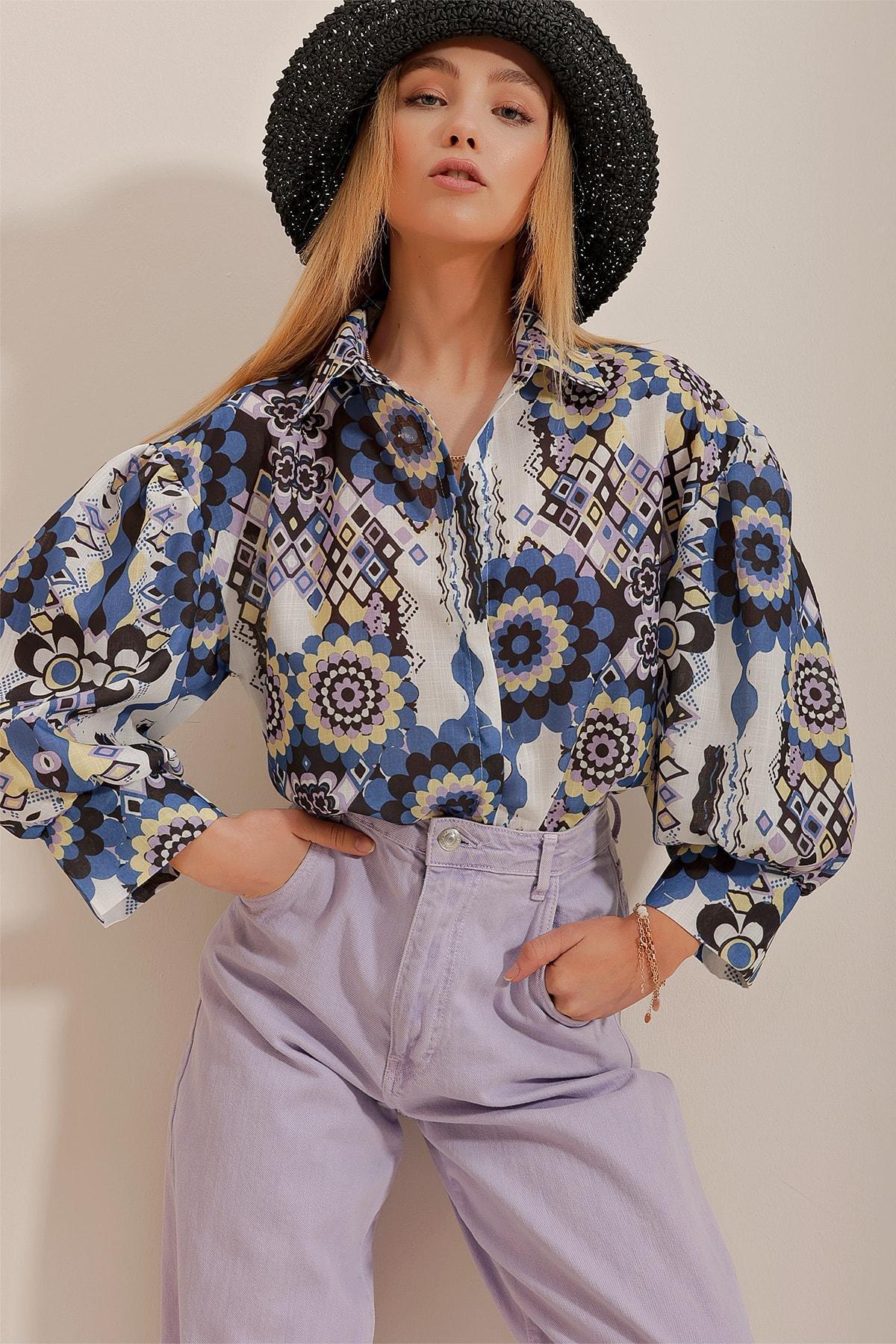 Blue Princess Ethnic Patterned Flared Shirt, Blue, large image number 0