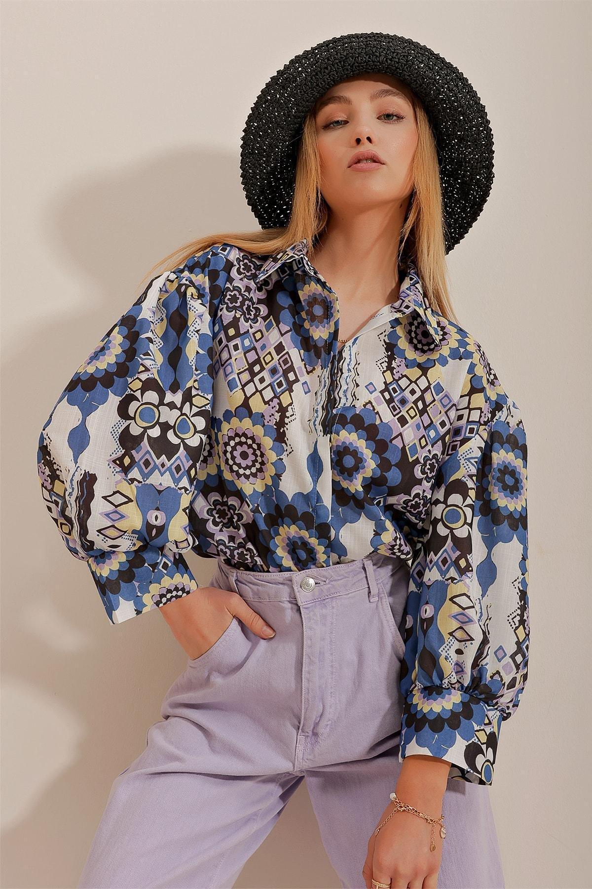 Blue Princess Ethnic Patterned Flared Shirt, Blue, large image number 1