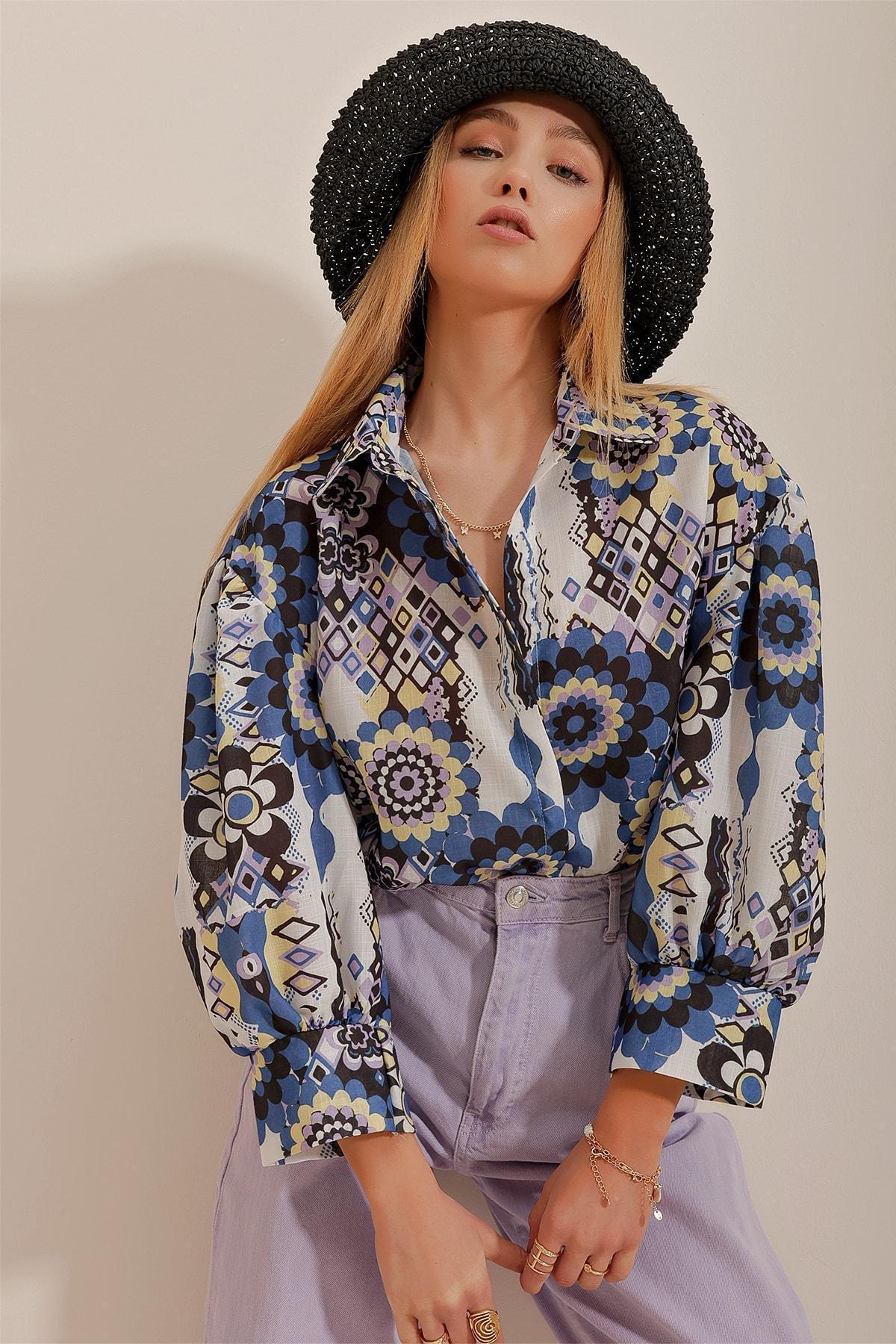 Blue Princess Ethnic Patterned Flared Shirt, Blue, large image number 2