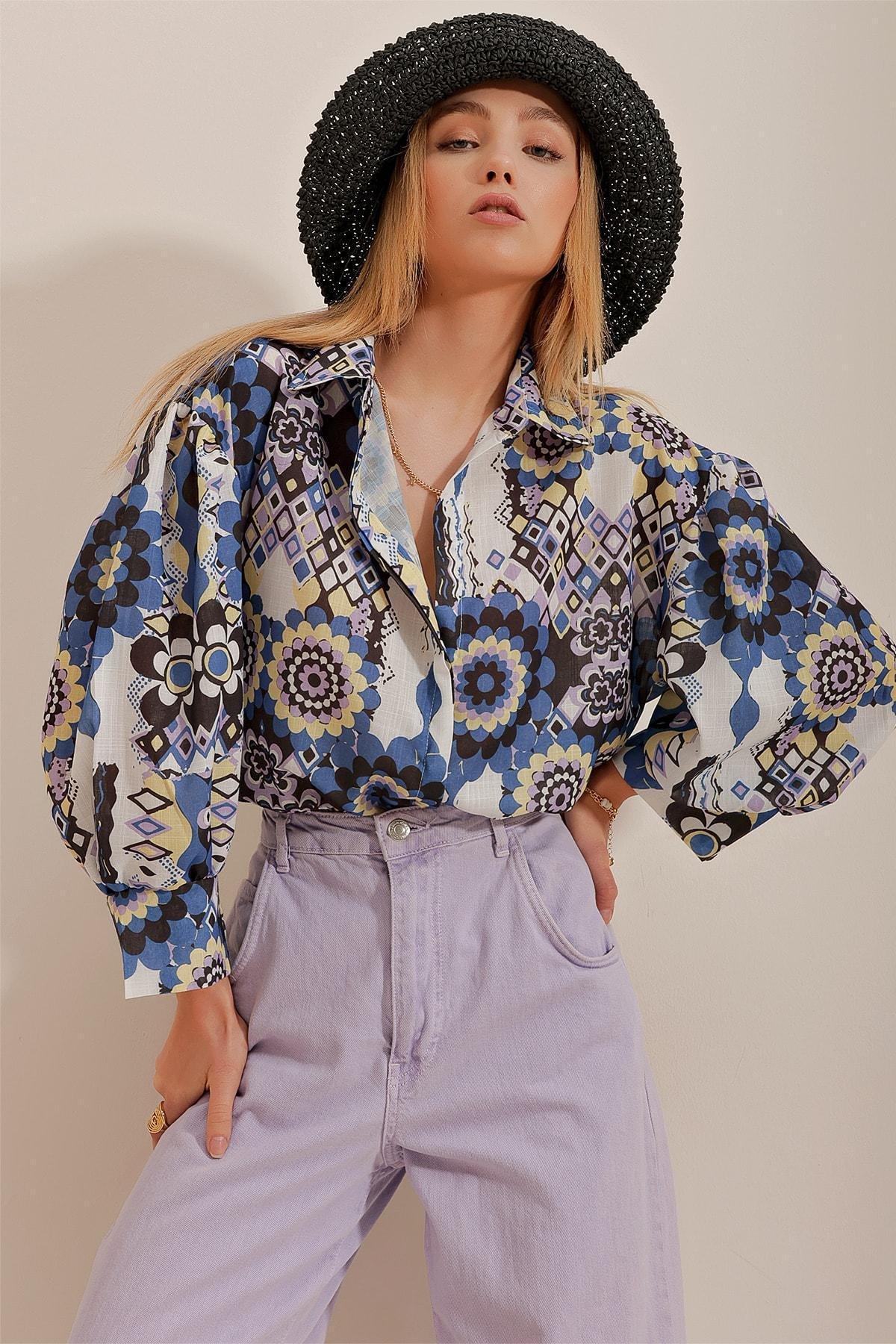 Blue Princess Ethnic Patterned Flared Shirt, Blue, large image number 3