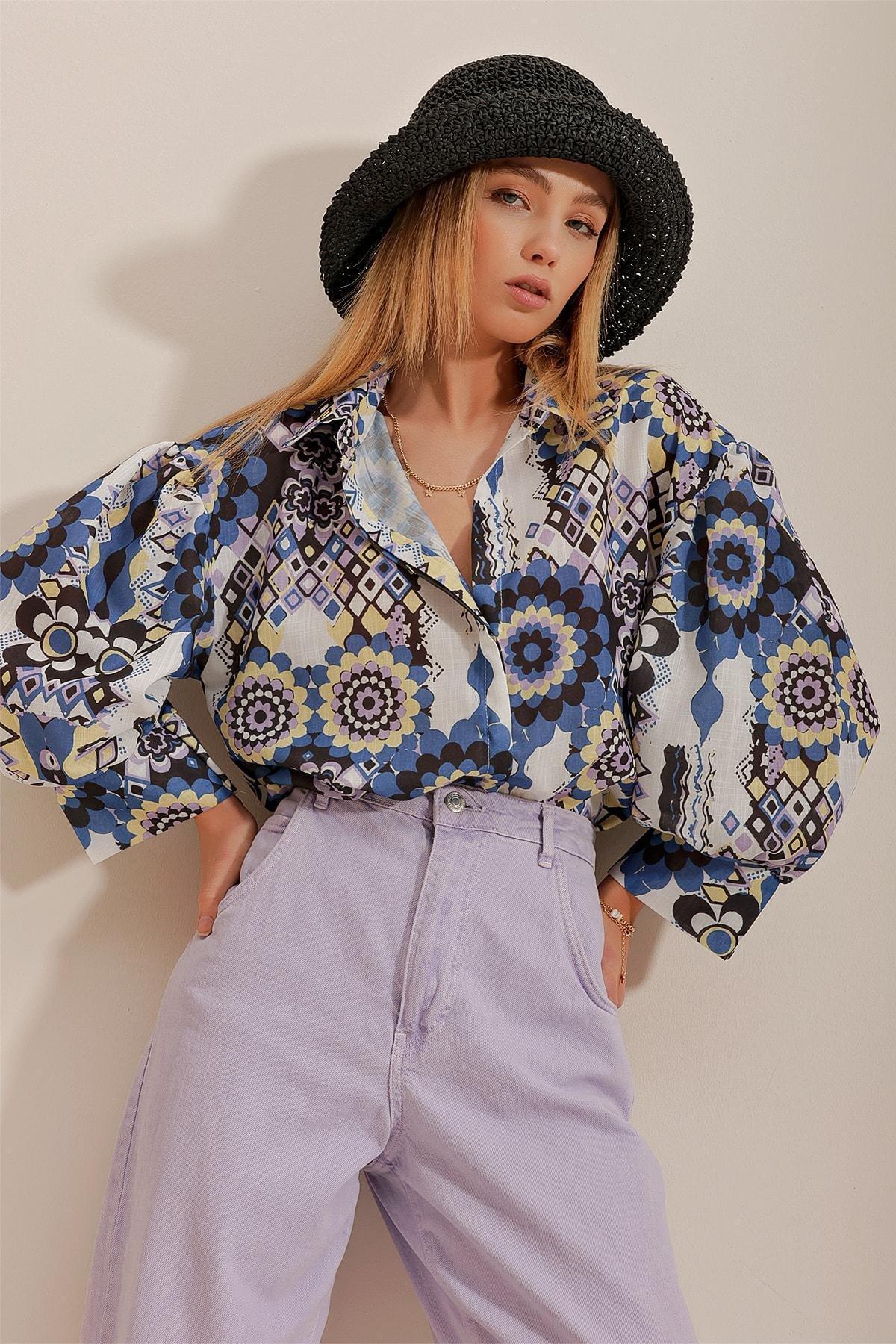 Blue Princess Ethnic Patterned Flared Shirt, Blue, large image number 4