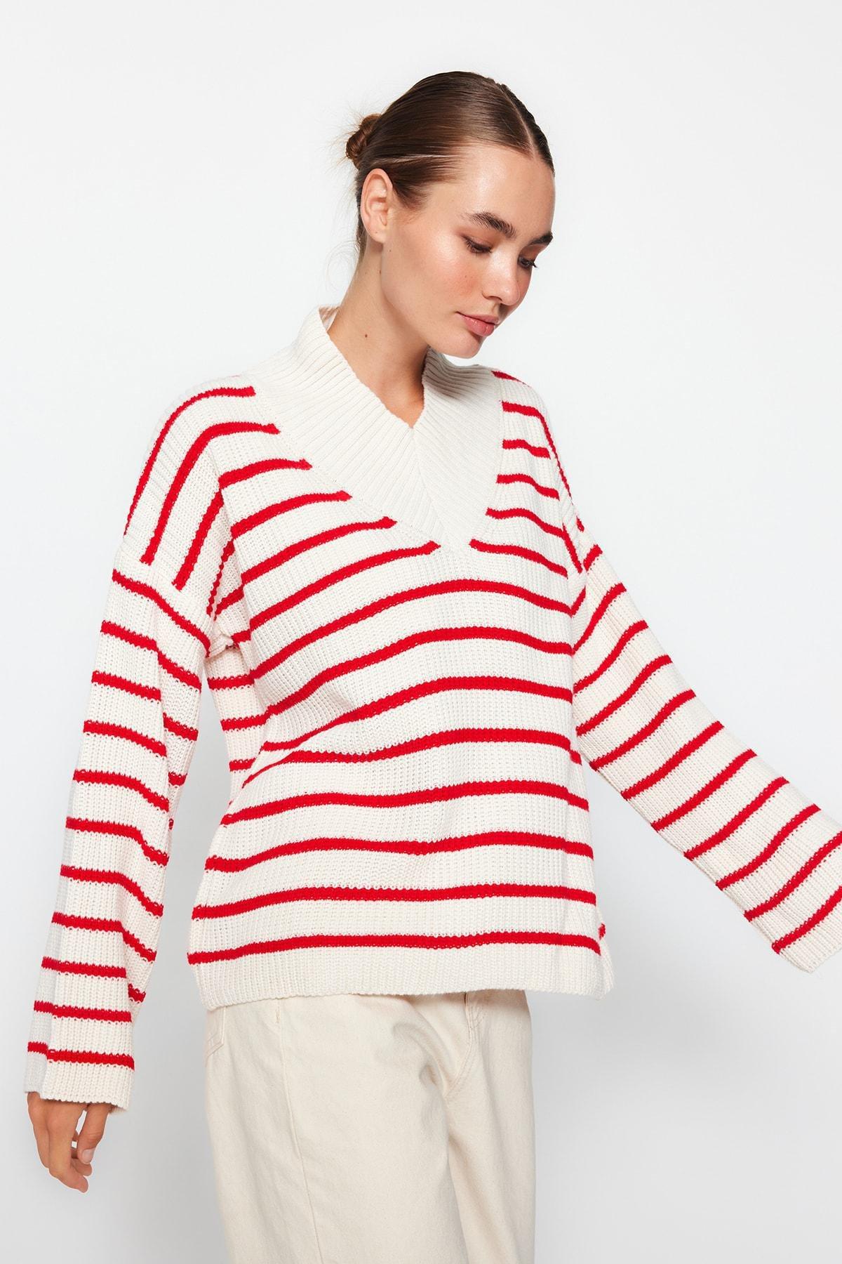 Trendyol - White Striped Oversize Sweater