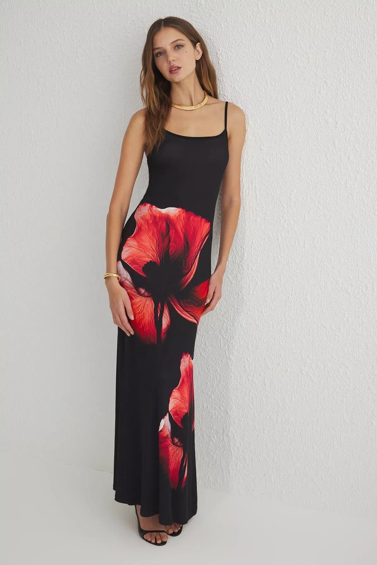 Black Floral Bodycon Strappy Maxi Dress, , large image number 0