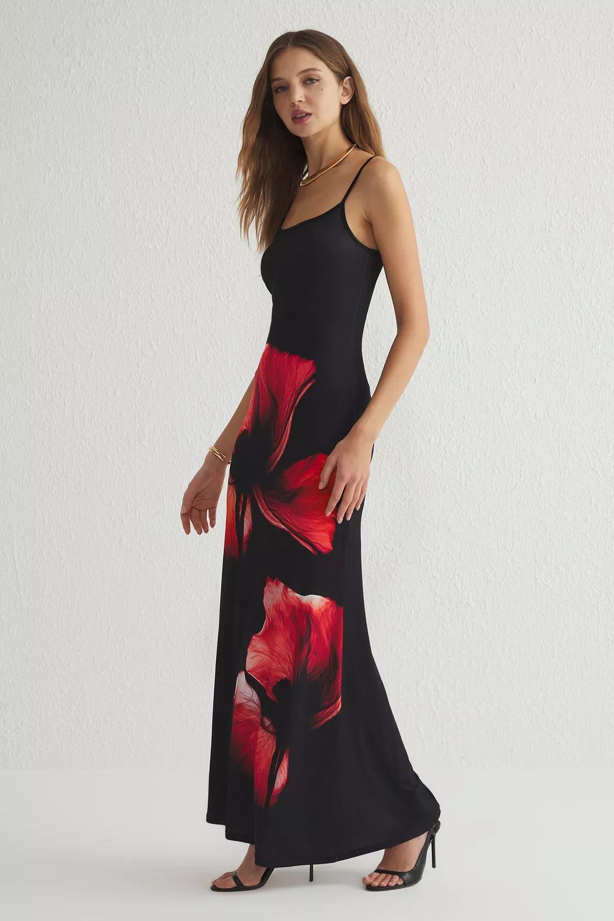Black Floral Bodycon Strappy Maxi Dress, , large image number 1