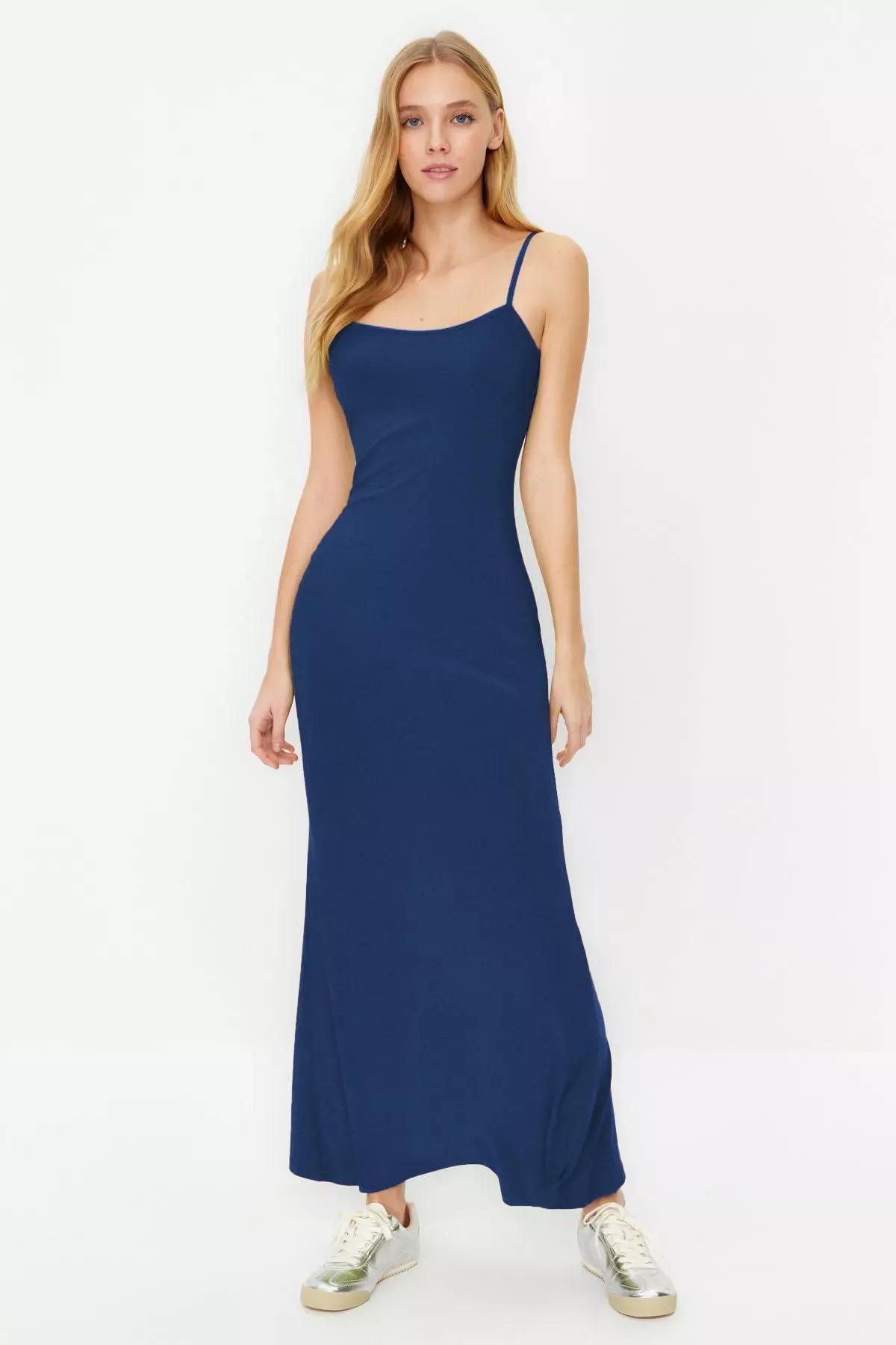 Blue Maxi Bodycon Strappy Knit Dress, , large image number 0