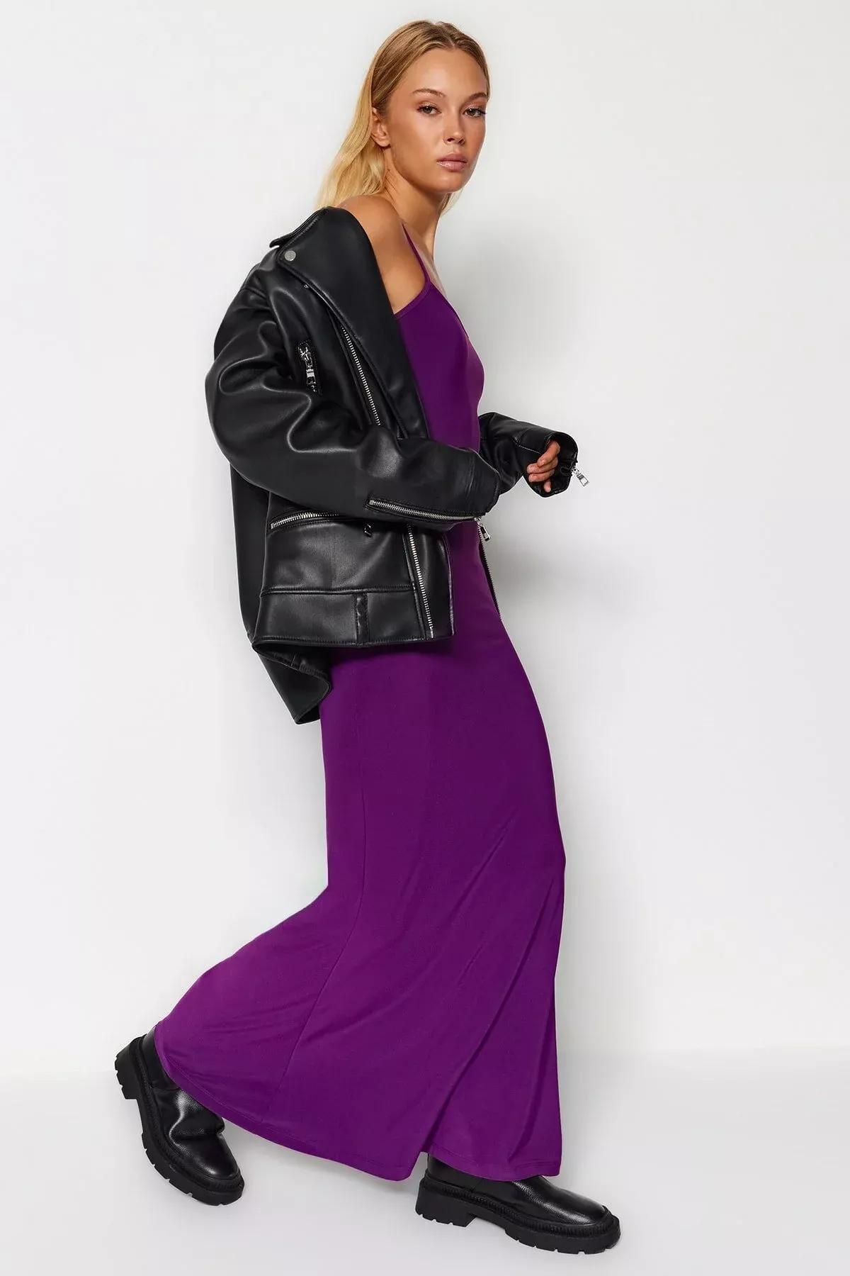 فستان طويل مُحاك سهل الارتداء، بنفسجي, Purple, large image number 3