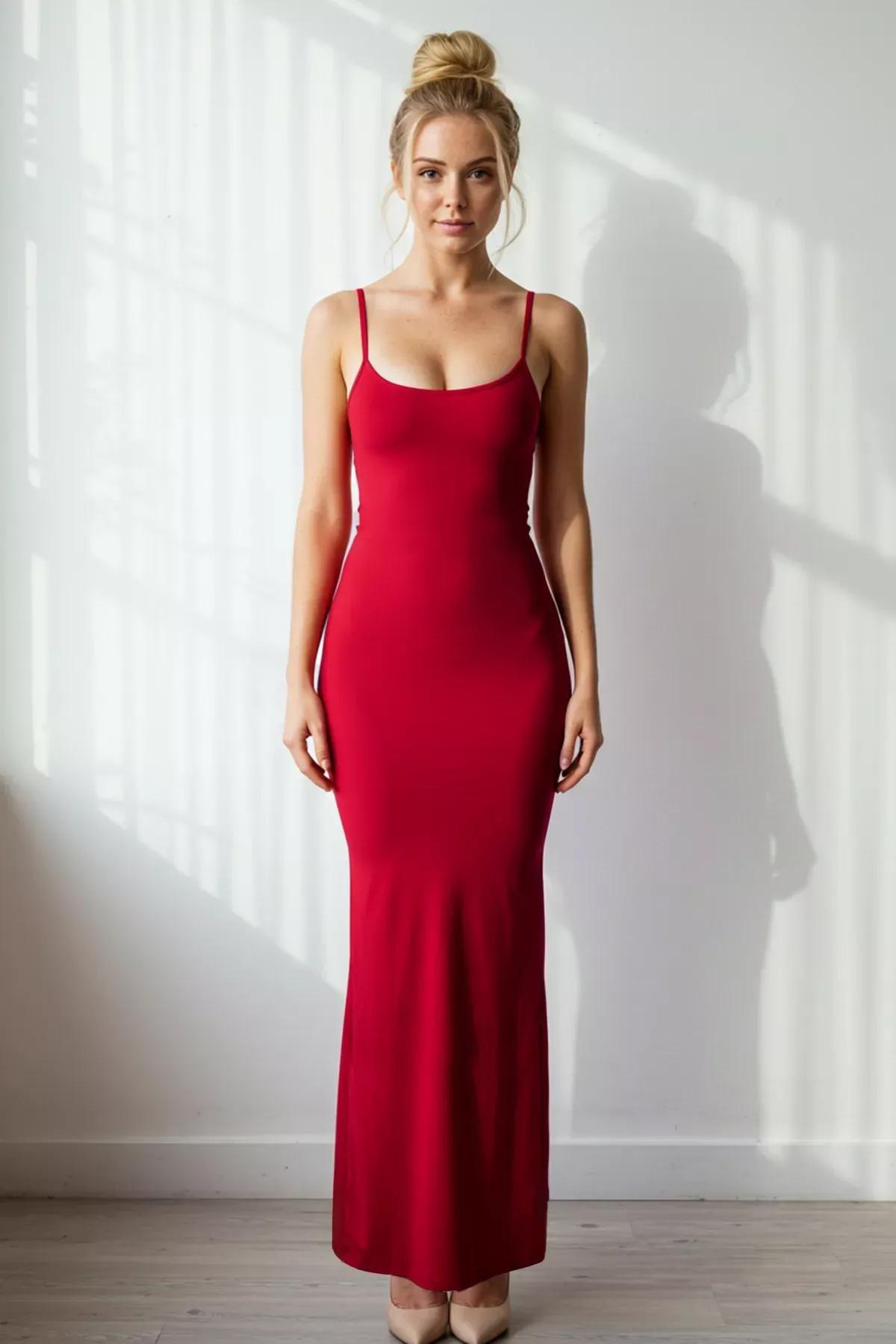 Red Maxi Bodycon Strappy Stretch Knit Dress, Red, large image number 0