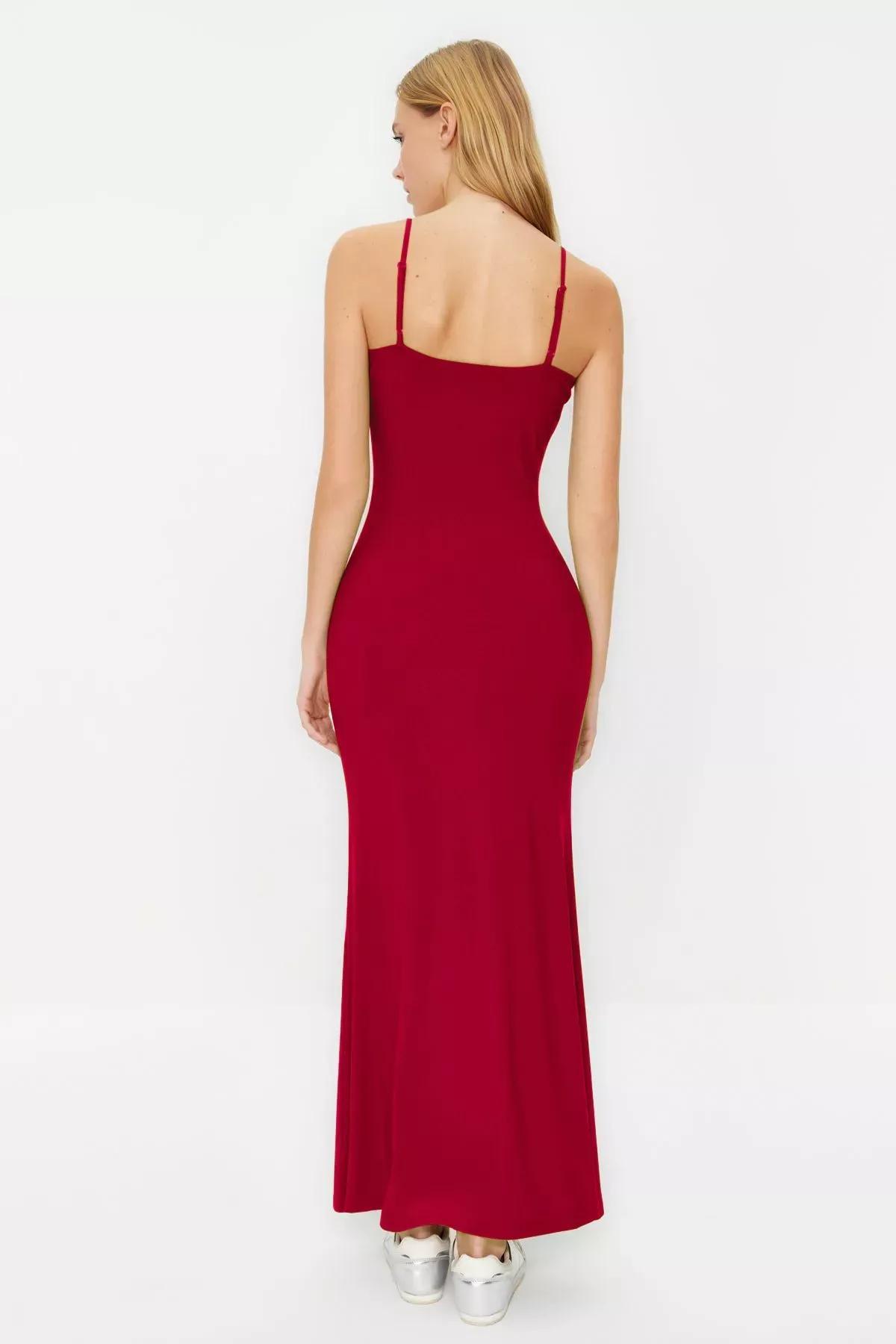 Red Maxi Bodycon Strappy Stretch Knit Dress, Red, large image number 3