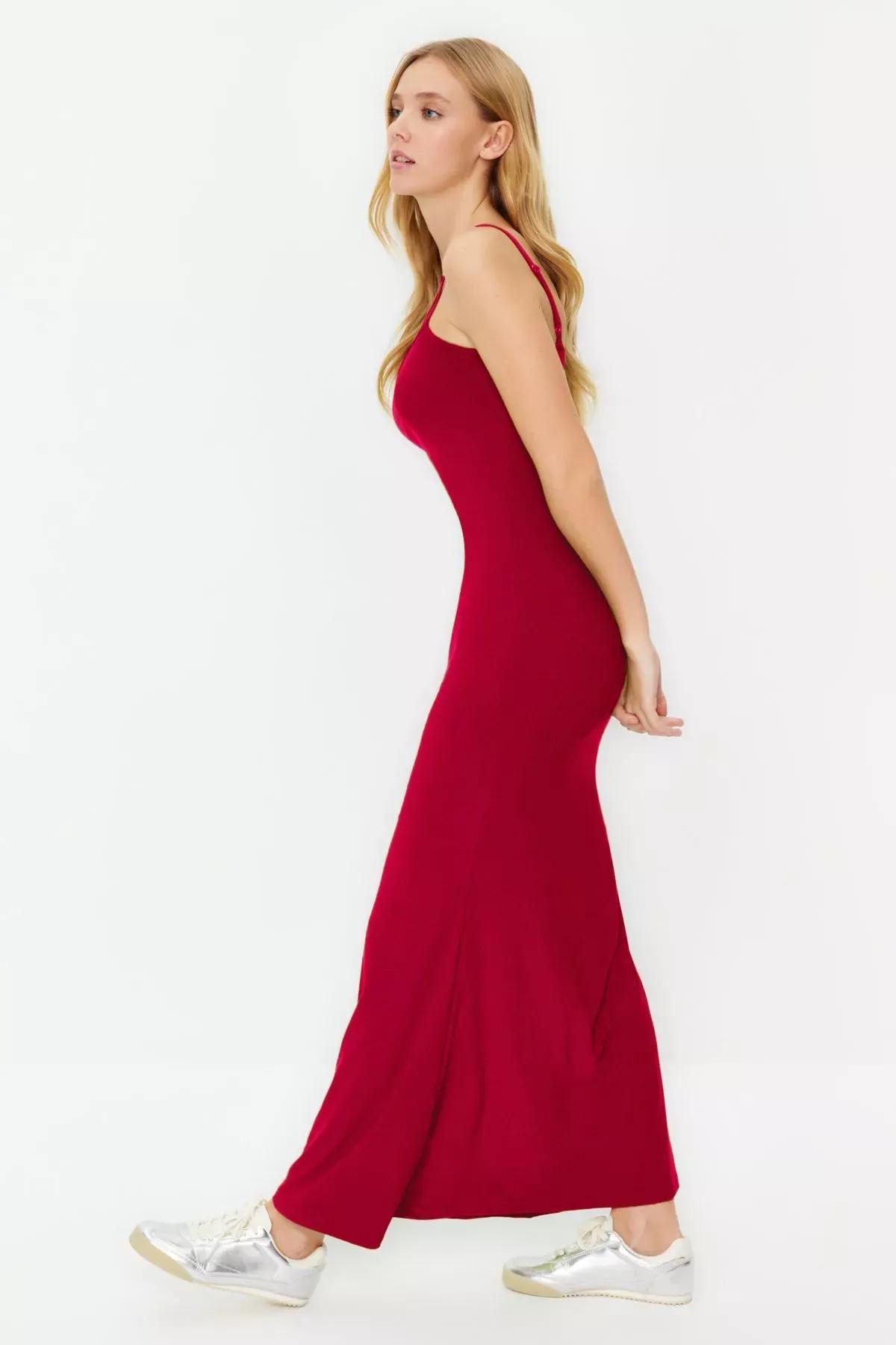 Red Maxi Bodycon Strappy Stretch Knit Dress, Red, large image number 4