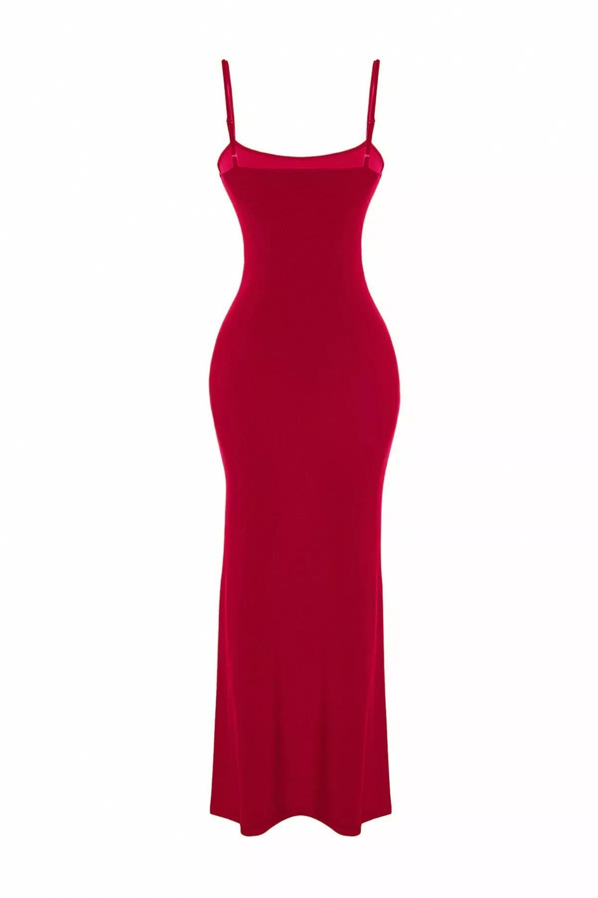 Red Maxi Bodycon Strappy Stretch Knit Dress, Red, large image number 5