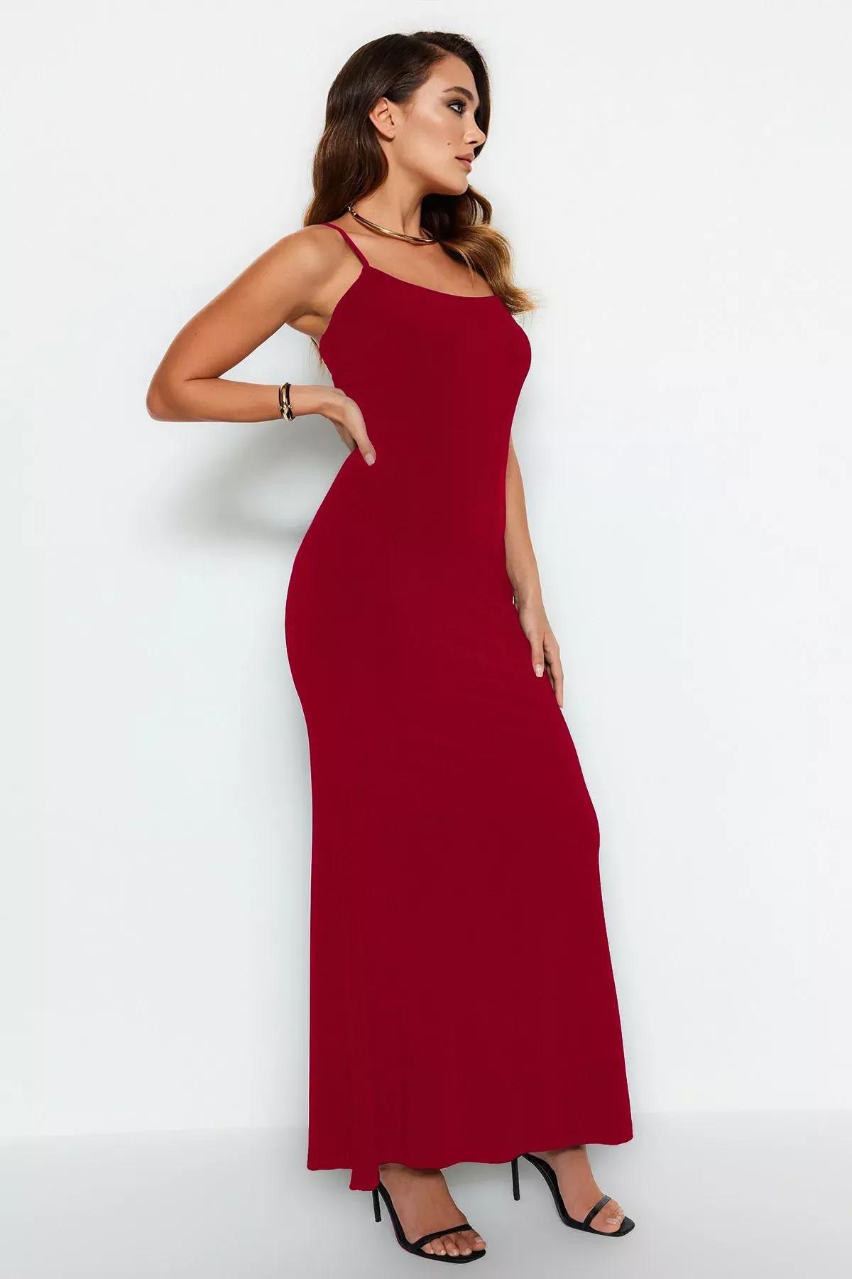 Red Maxi Bodycon Strappy Stretch Knit Dress, Red, large image number 6