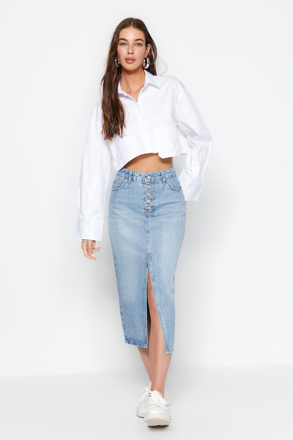 Blue Denim Midi Skirt, , large image number 0