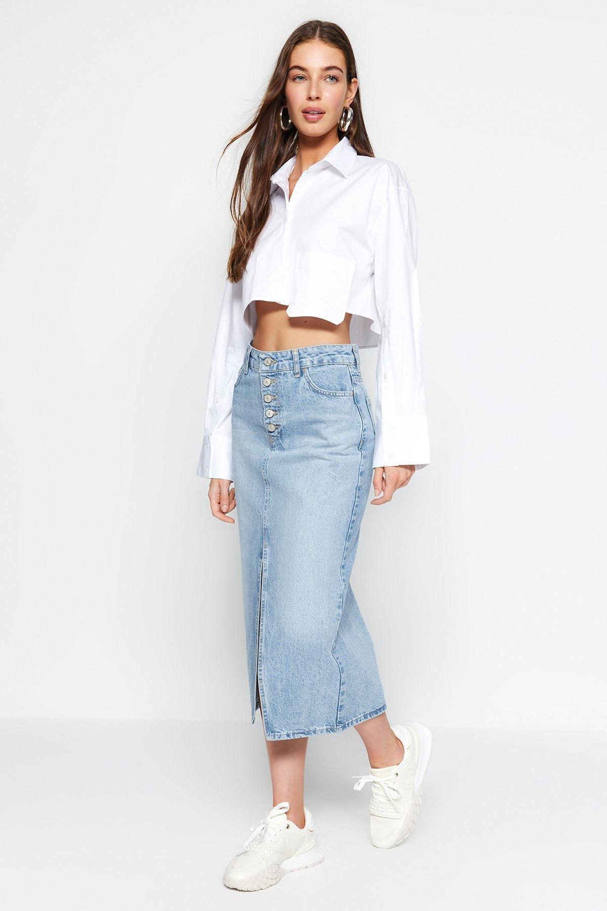 Blue Denim Midi Skirt, , large image number 1
