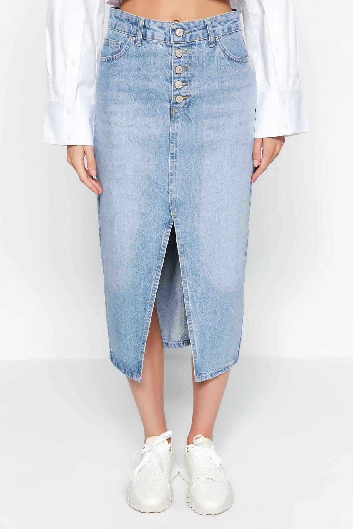 Blue Denim Midi Skirt, , large image number 3