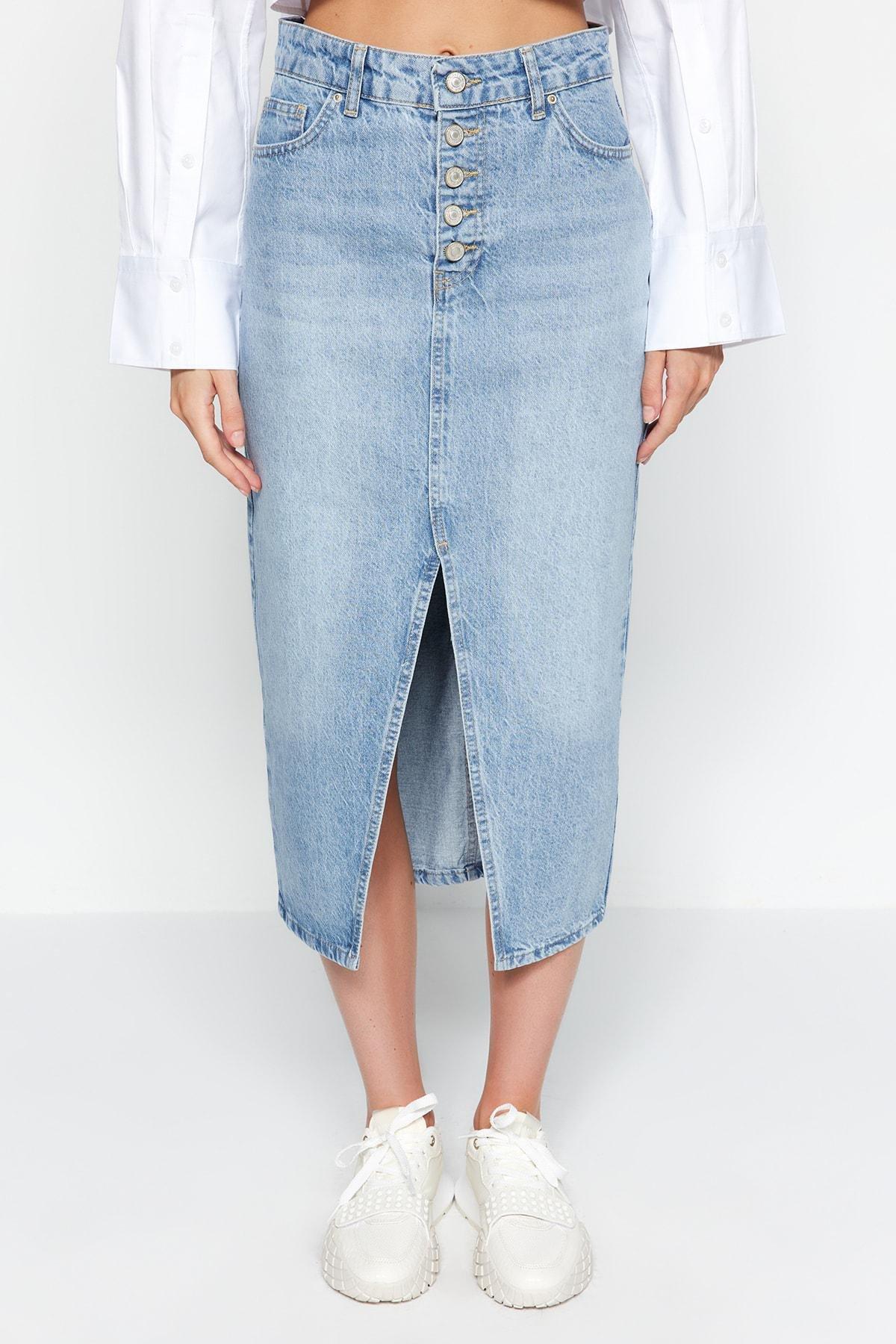 Trendyol - Blue Denim Midi Skirt <br>