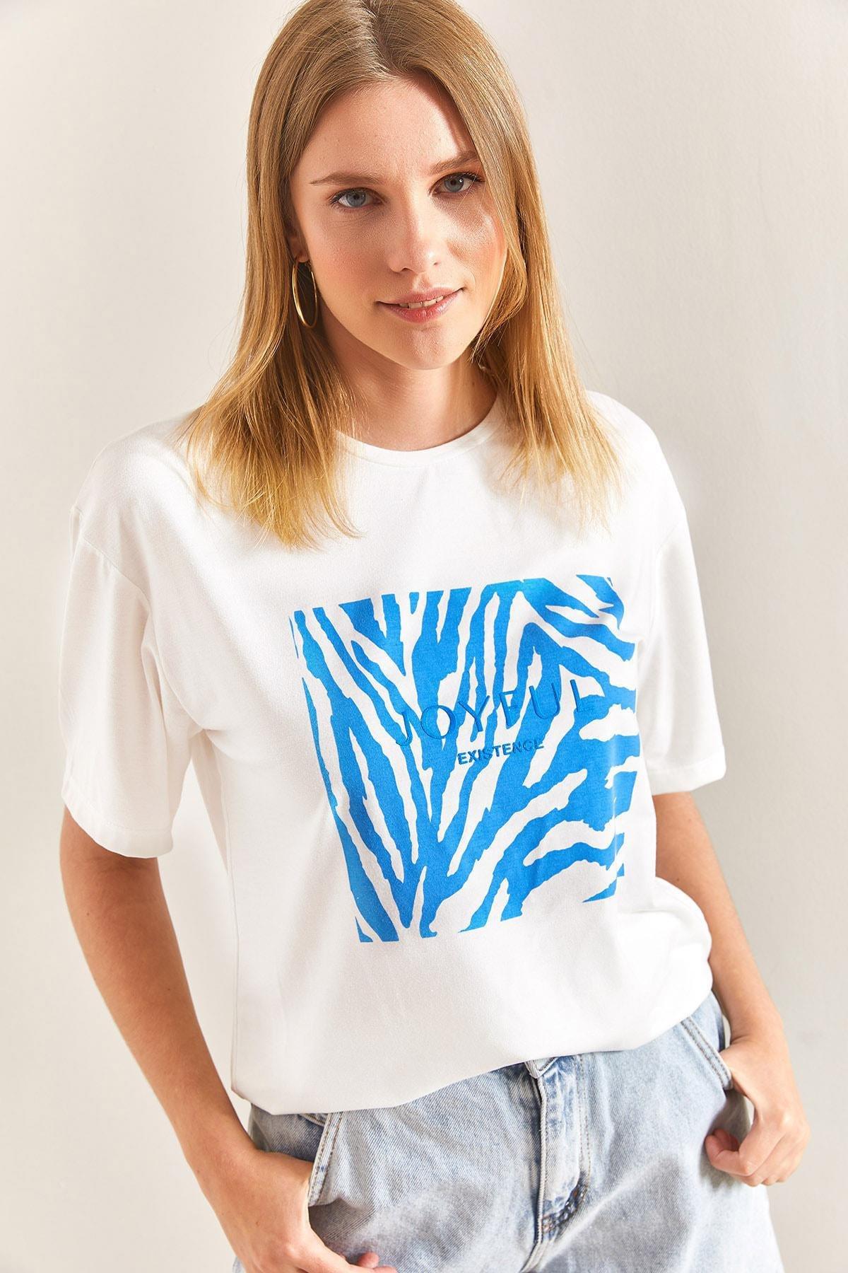 Blue Patterned Combed Cotton Tshirt, , medium
