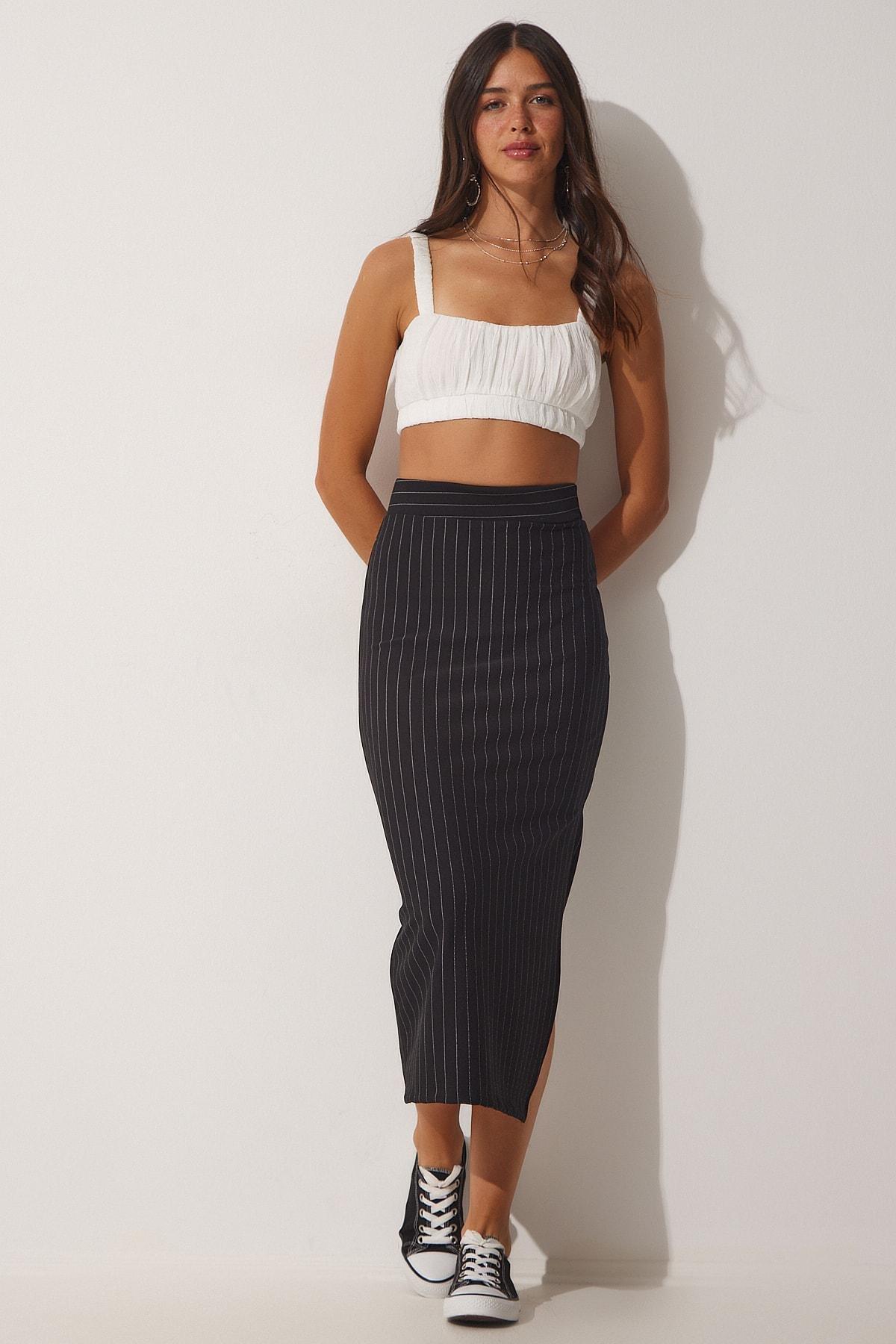 Black Knitted Pencil Skirt With Slits, , large image number 0