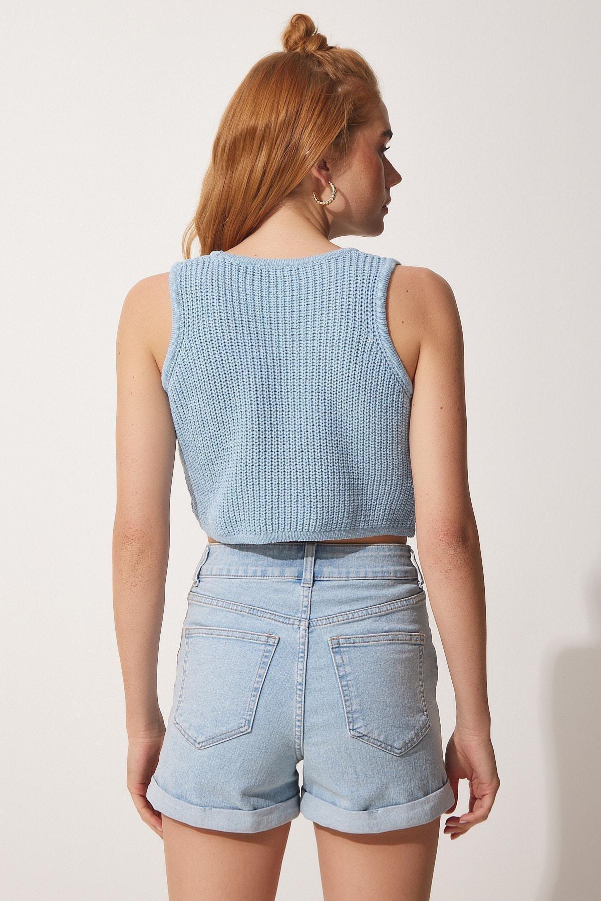 Blue Knitted Crop Top, SKY BLUE, large image number 3