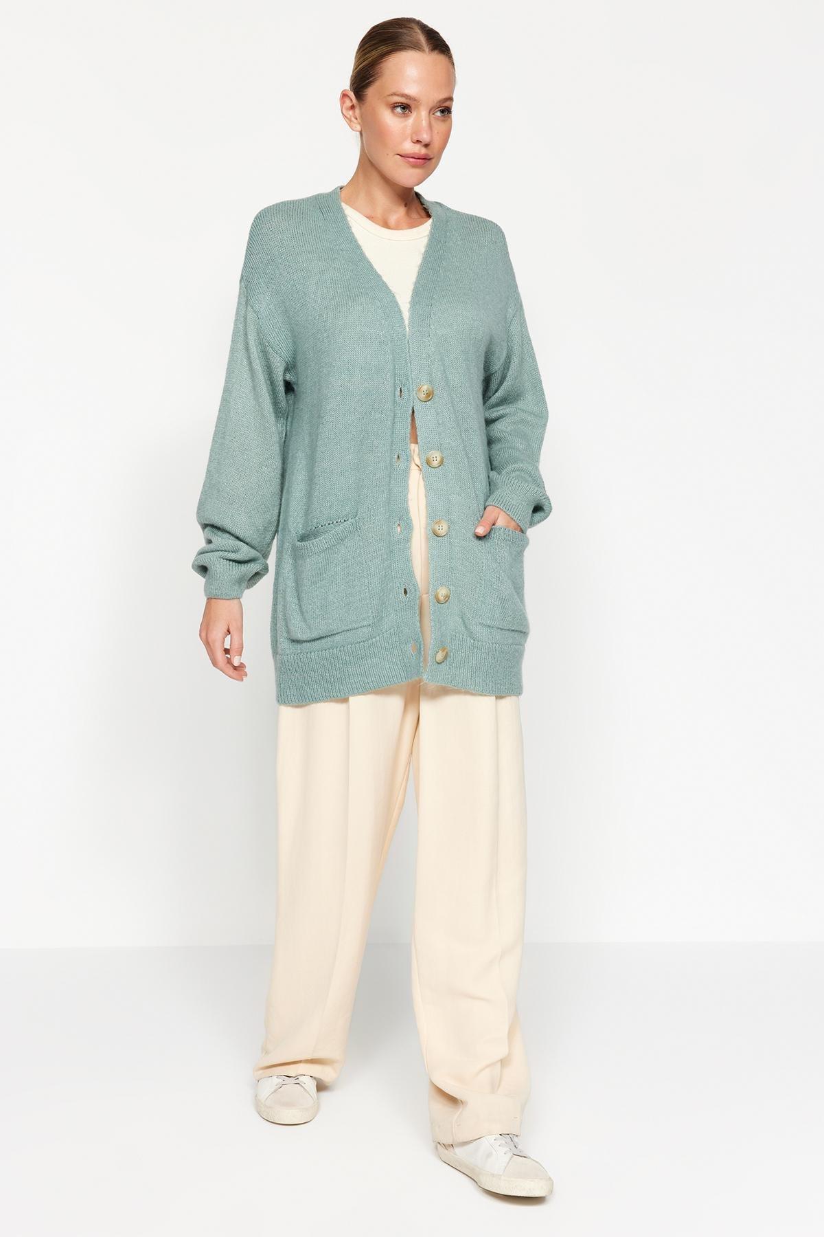 Trendyol - Green Oversize Pocket Knitwear Cardigan