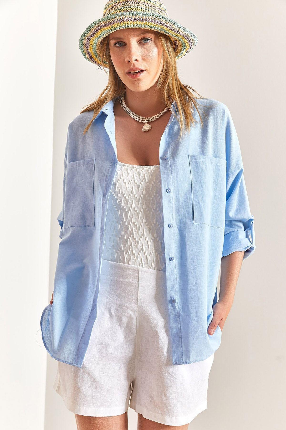 Blue Double Pocket Oversize Linen Shirt, , large image number 0