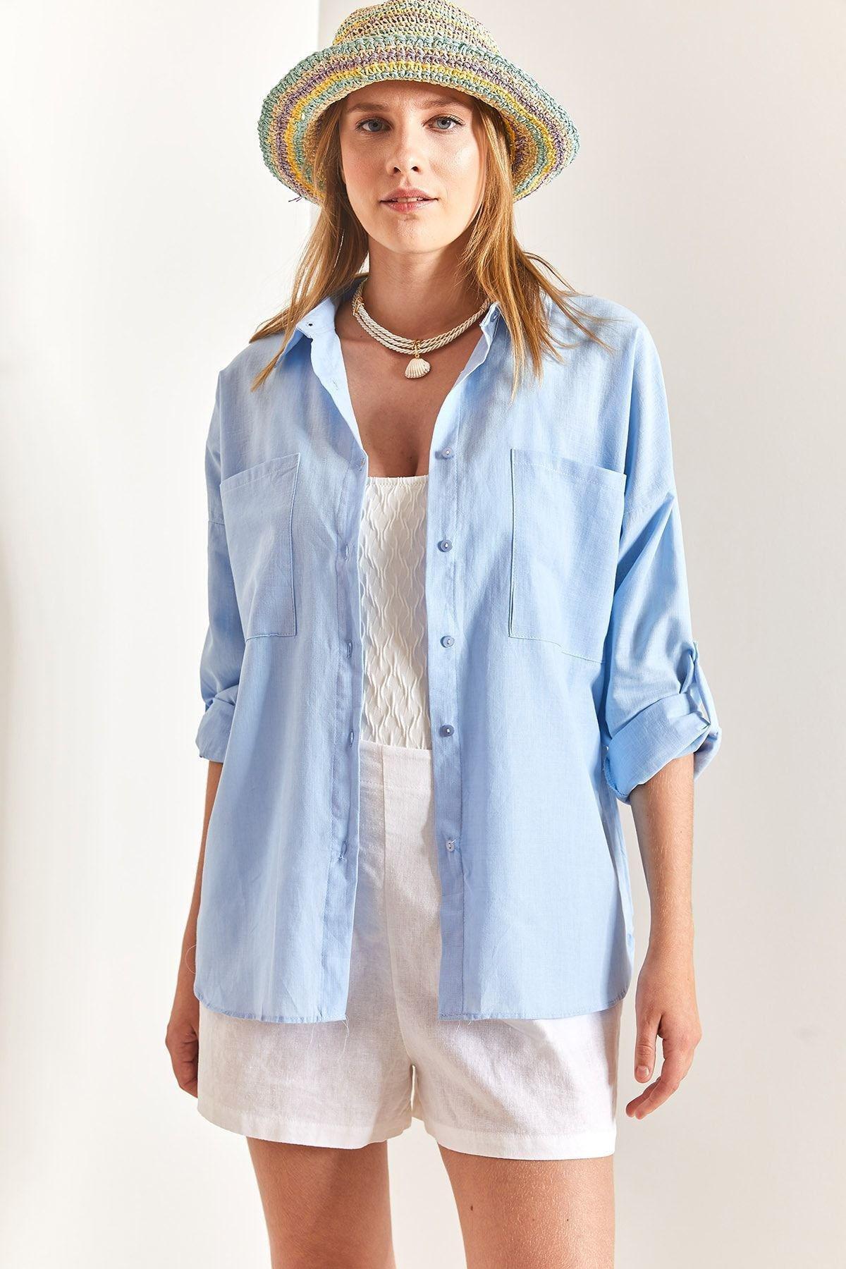 Blue Double Pocket Oversize Linen Shirt, , large image number 1