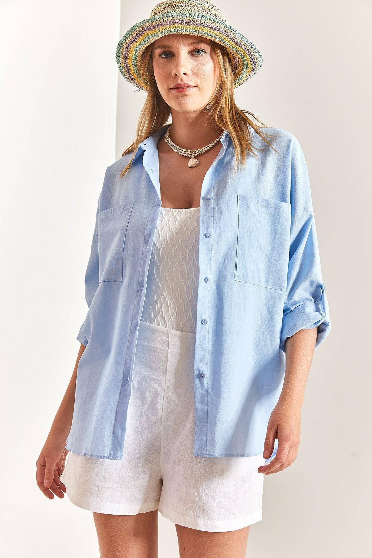 Blue Double Pocket Oversize Linen Shirt, , large image number 2